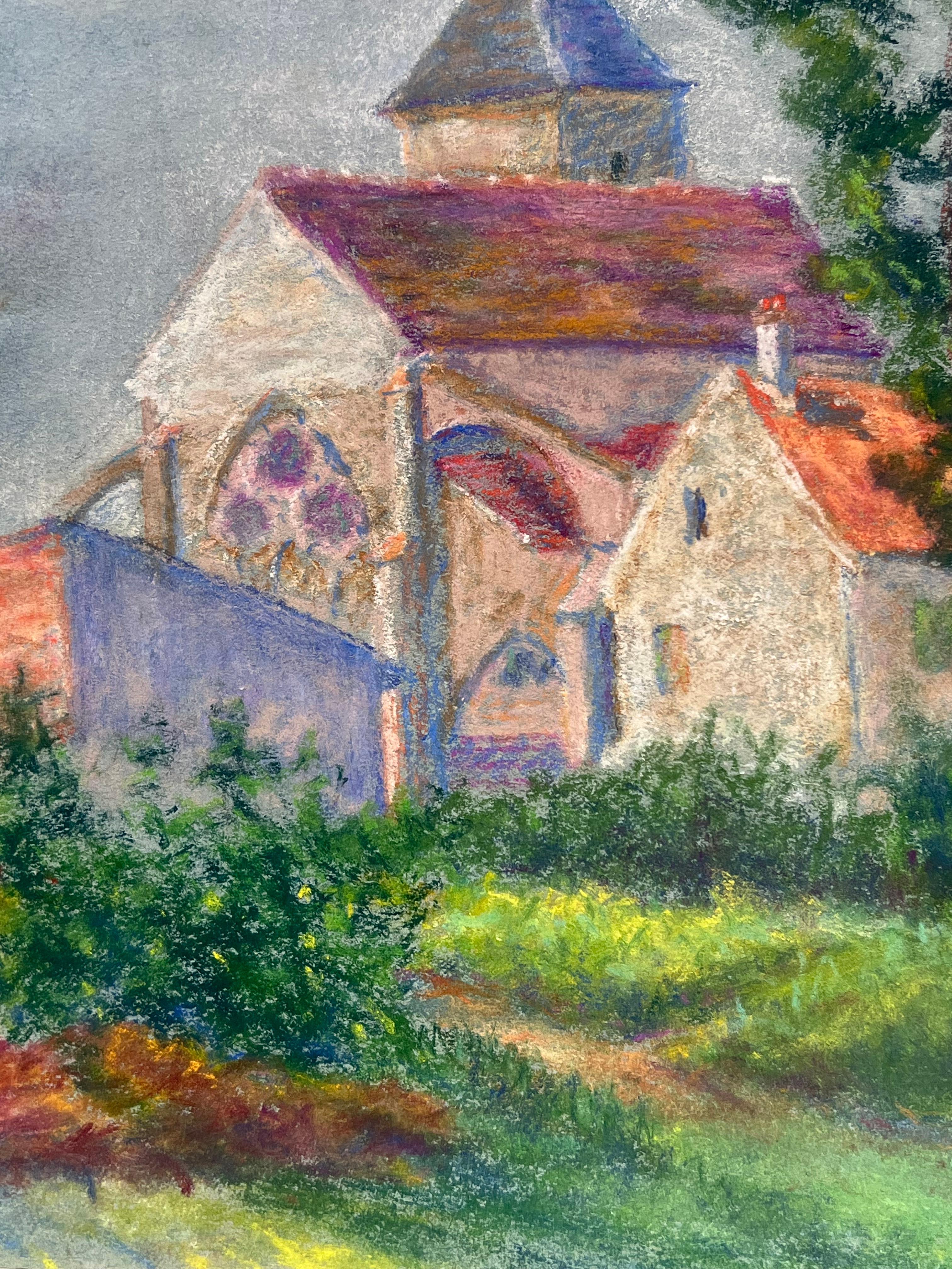 Mid 20th Century French Pastel Landscape of a Village Church Among Trees For Sale 2