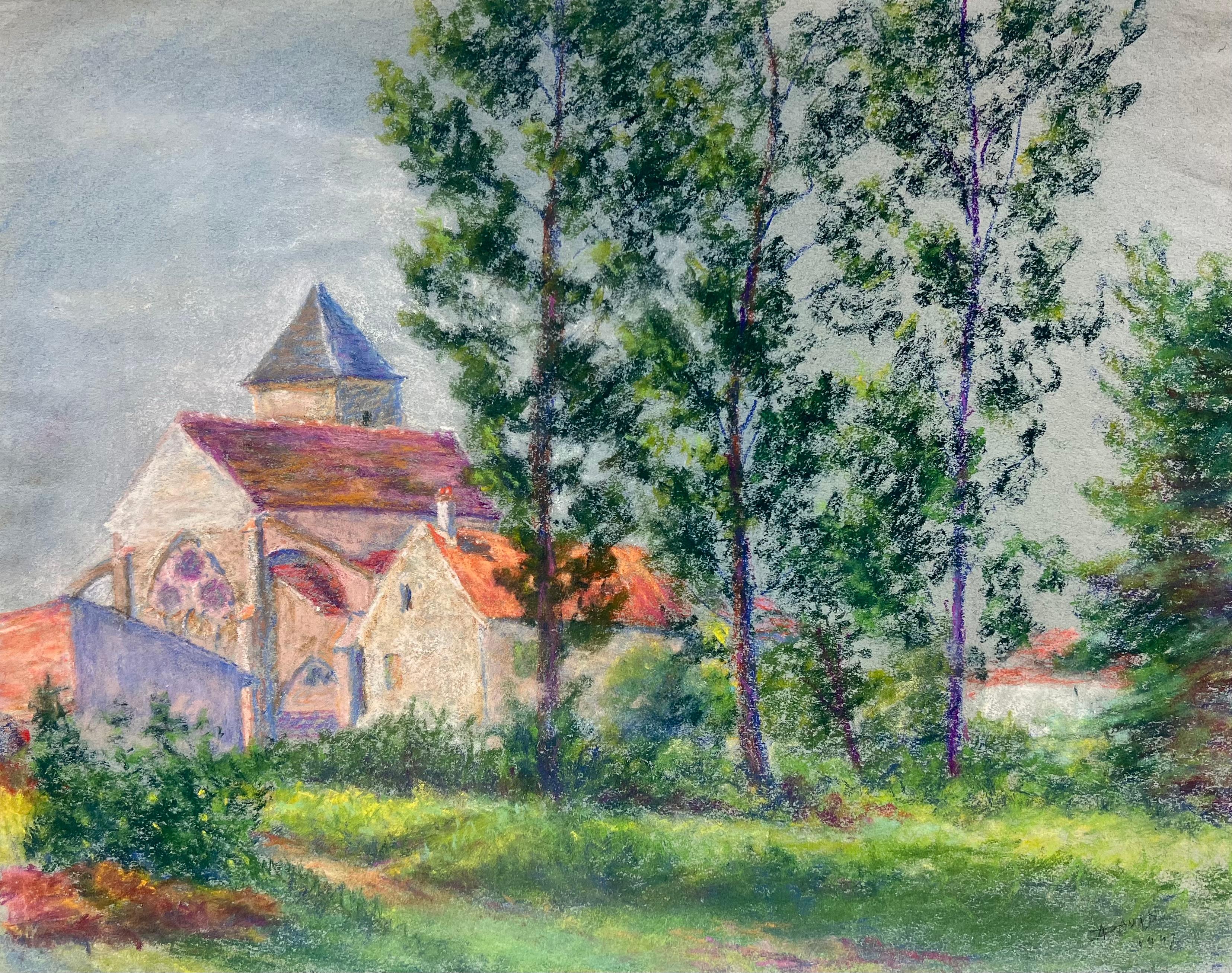 Regine David Landscape Painting - Mid 20th Century French Pastel Landscape of a Village Church Among Trees