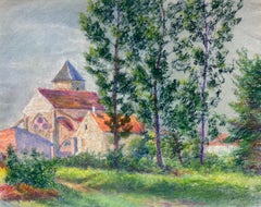 Mid 20th Century French Pastel Landscape of a Village Church Among Trees