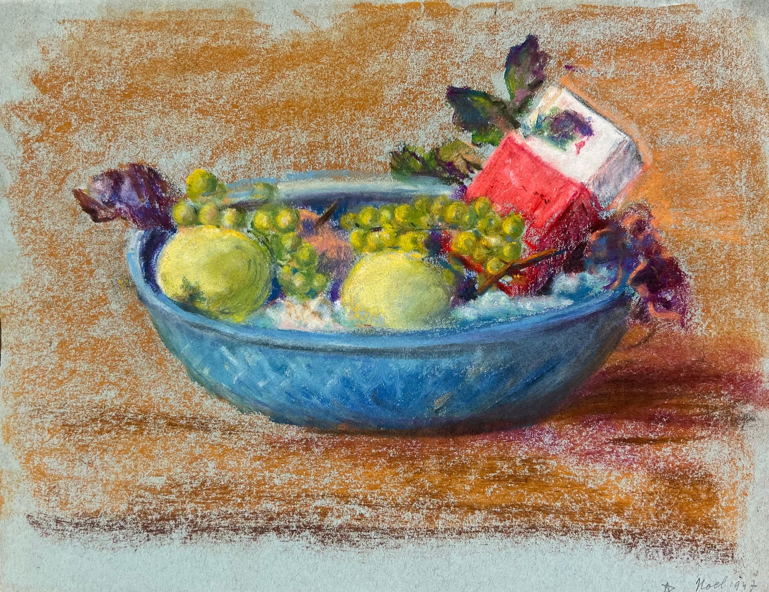 Mid 20th Century French Pastel Still Life of Fruit in a Blue Bowl - Post-Impressionist Painting by Regine David