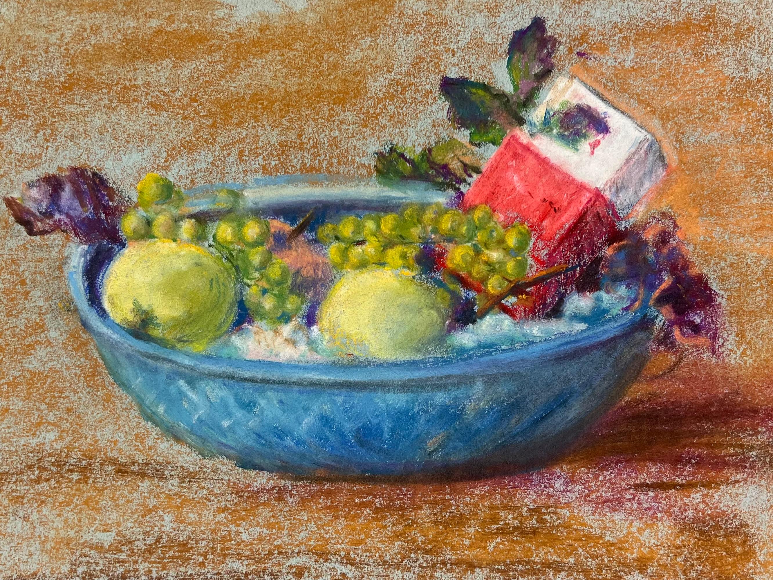 Mid 20th Century French Pastel Still Life of Fruit in a Blue Bowl - Brown Landscape Painting by Regine David