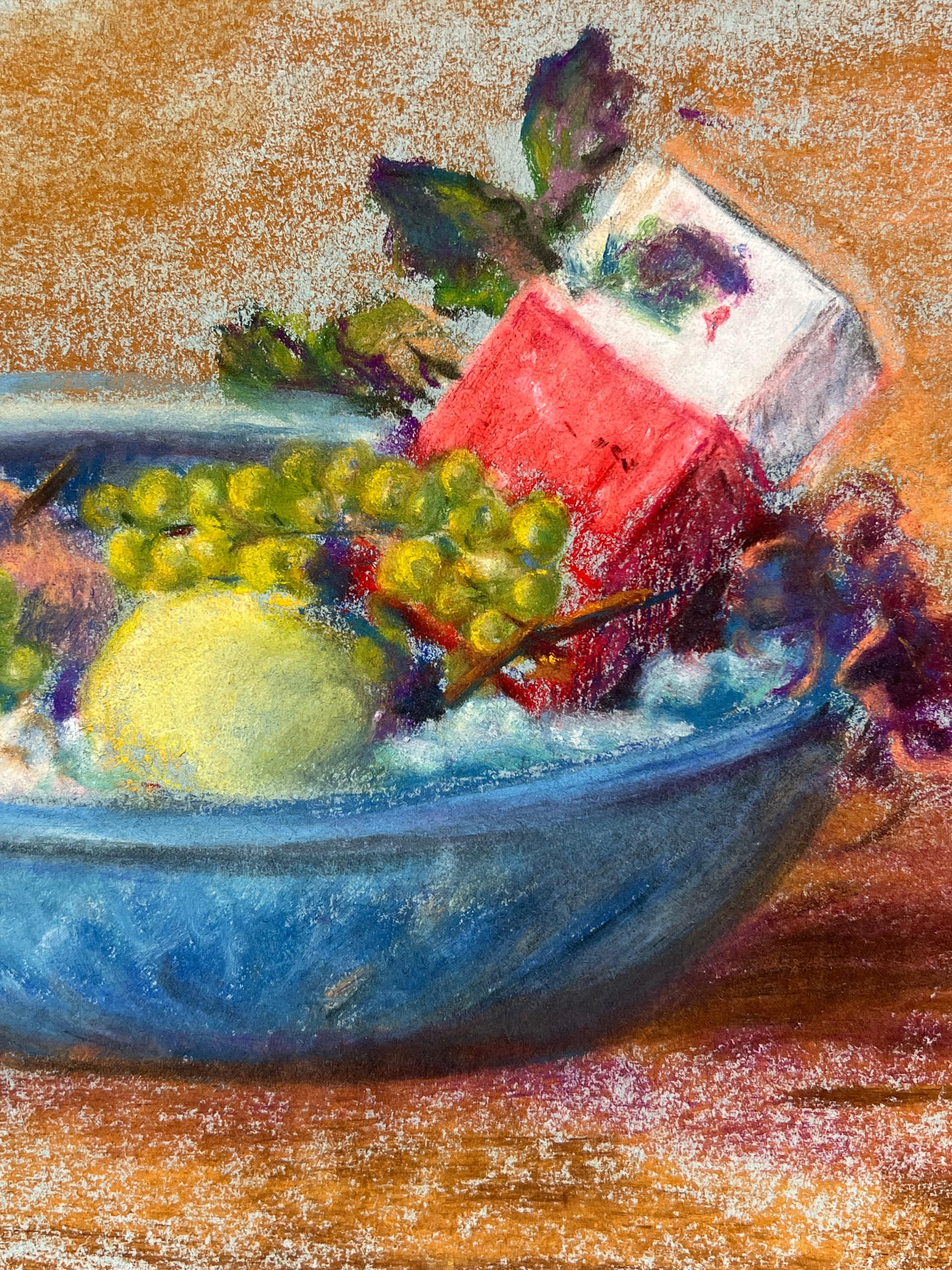 Mid 20th Century French Pastel Still Life of Fruit in a Blue Bowl For Sale 1