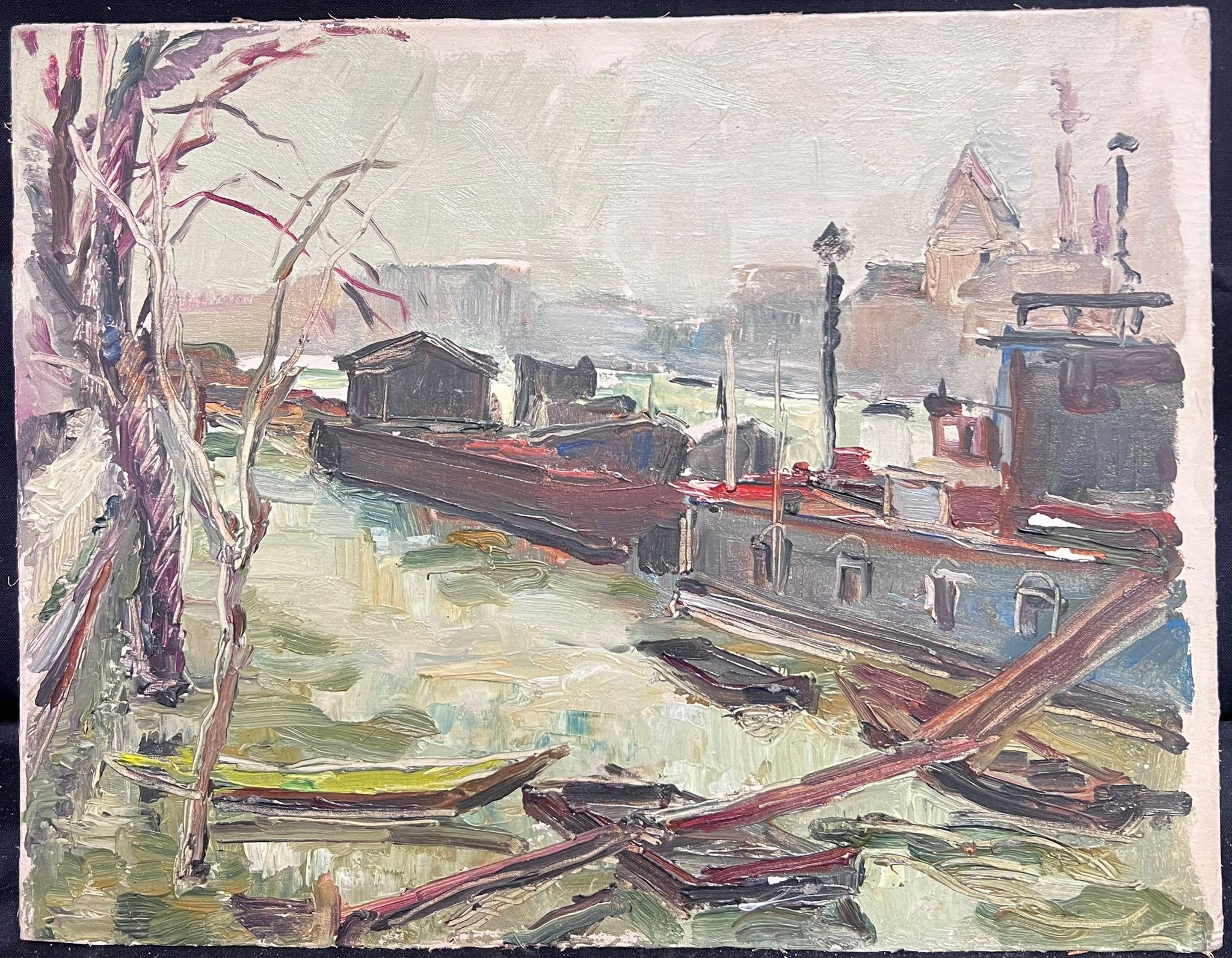 Mid 20th Century French Post-Impressionist Oil Barge Boats River Seine Paris - Painting by Regine David