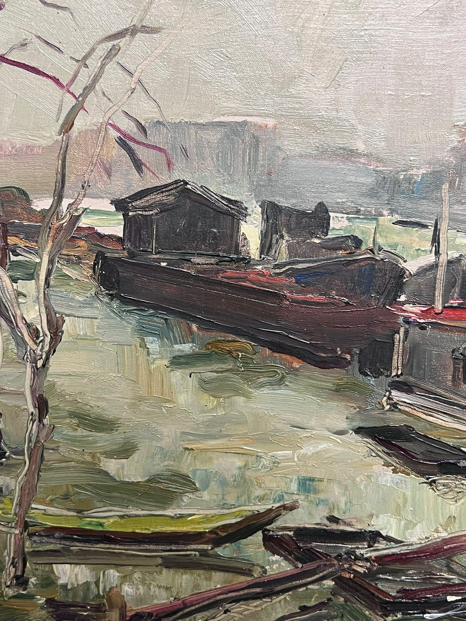 Mid 20th Century French Post-Impressionist Oil Barge Boats River Seine Paris - Gray Landscape Painting by Regine David