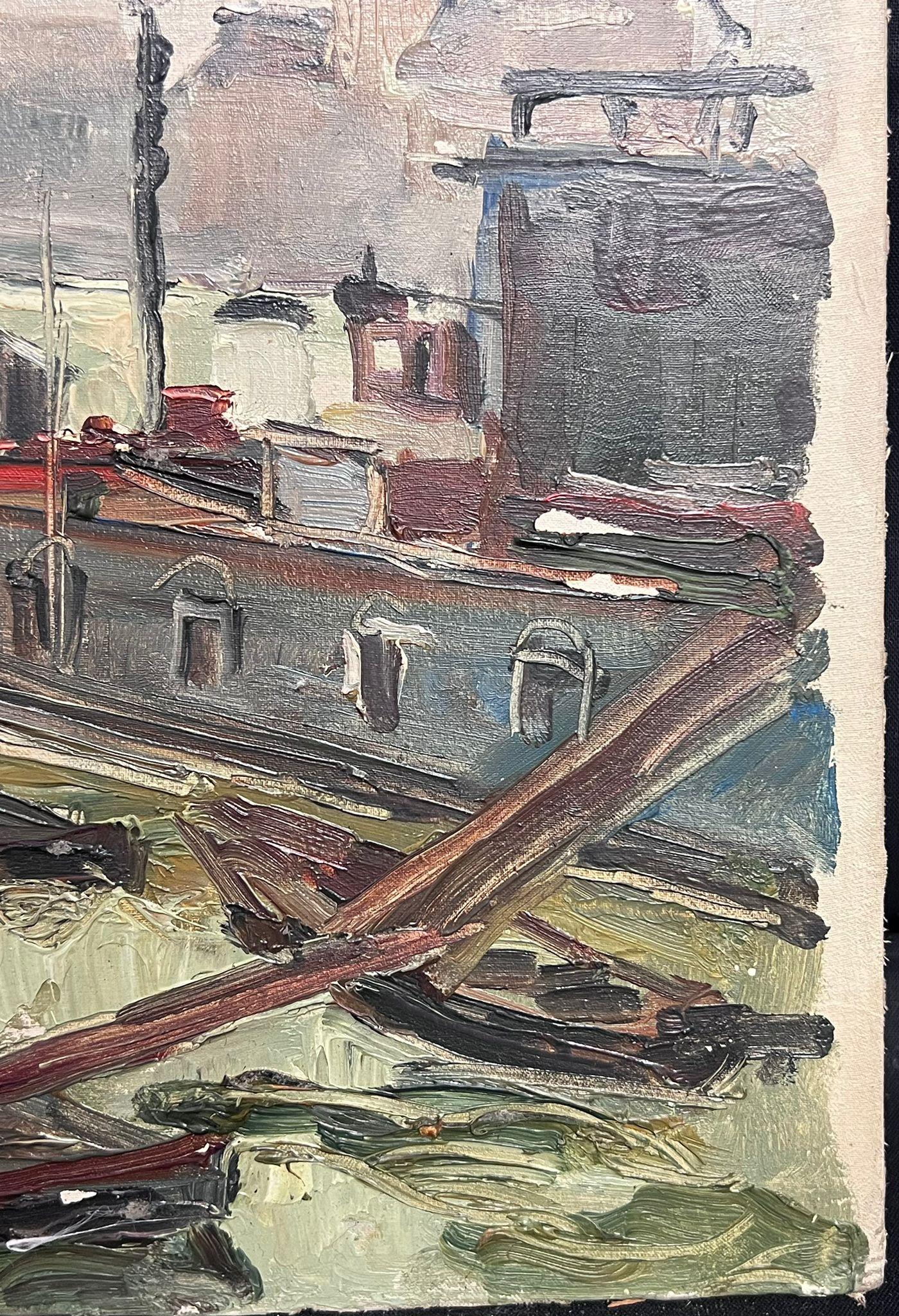 Mid 20th Century French Post-Impressionist Oil Barge Boats River Seine Paris For Sale 1