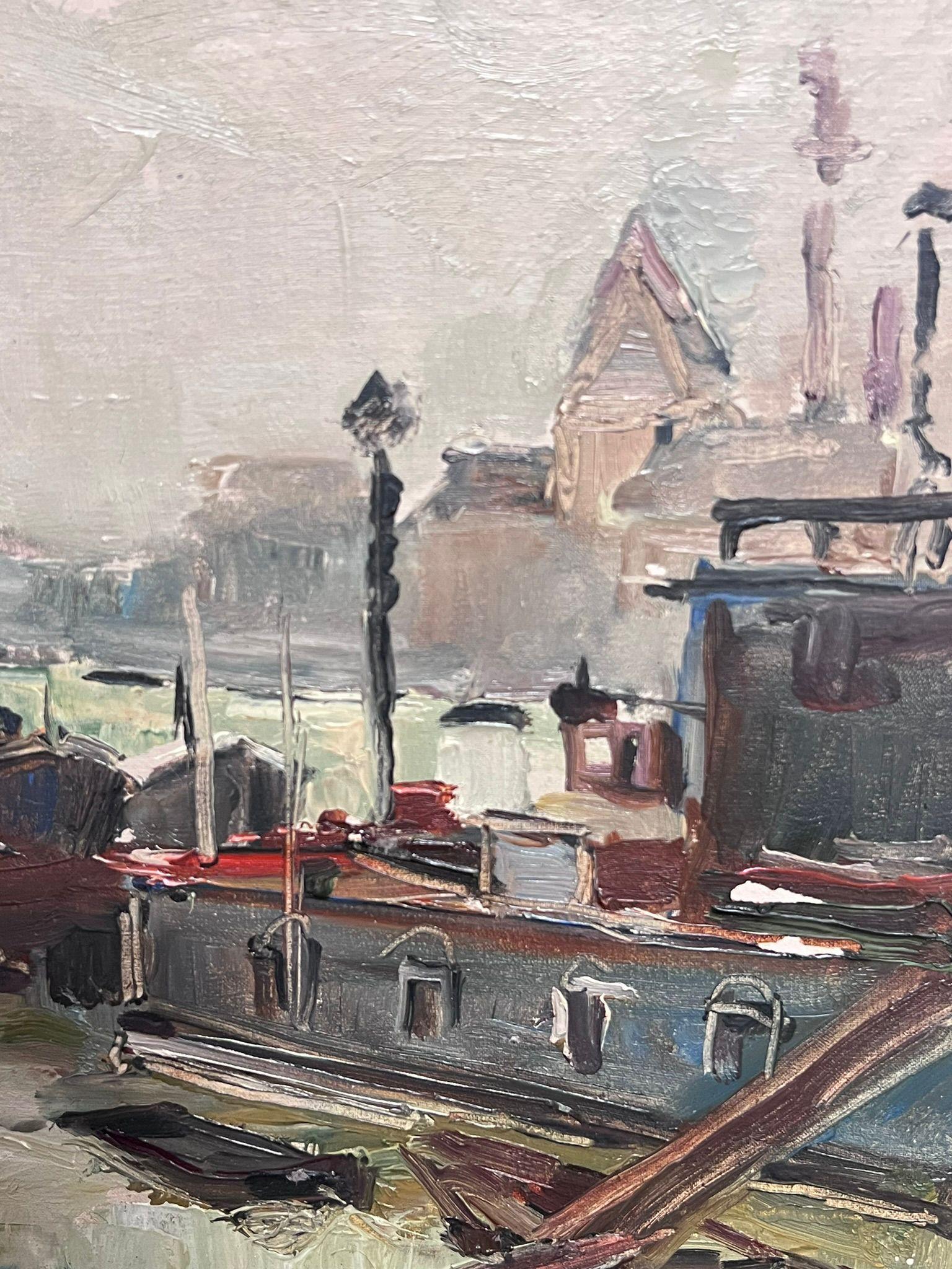 Mid 20th Century French Post-Impressionist Oil Barge Boats River Seine Paris For Sale 2
