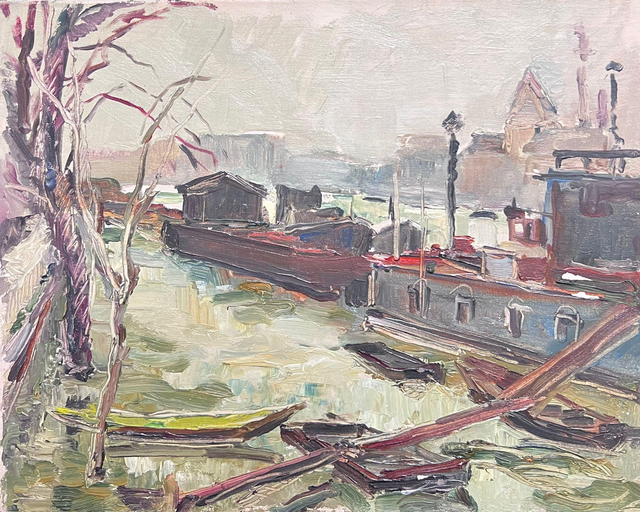 Regine David Landscape Painting - Mid 20th Century French Post-Impressionist Oil Barge Boats River Seine Paris