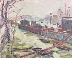 Mid 20th Century French Post-Impressionist Oil Barge Boats River Seine Paris