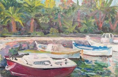 Mid 20th Century French Post-Impressionist Oil Boats Moored Summer River Bank