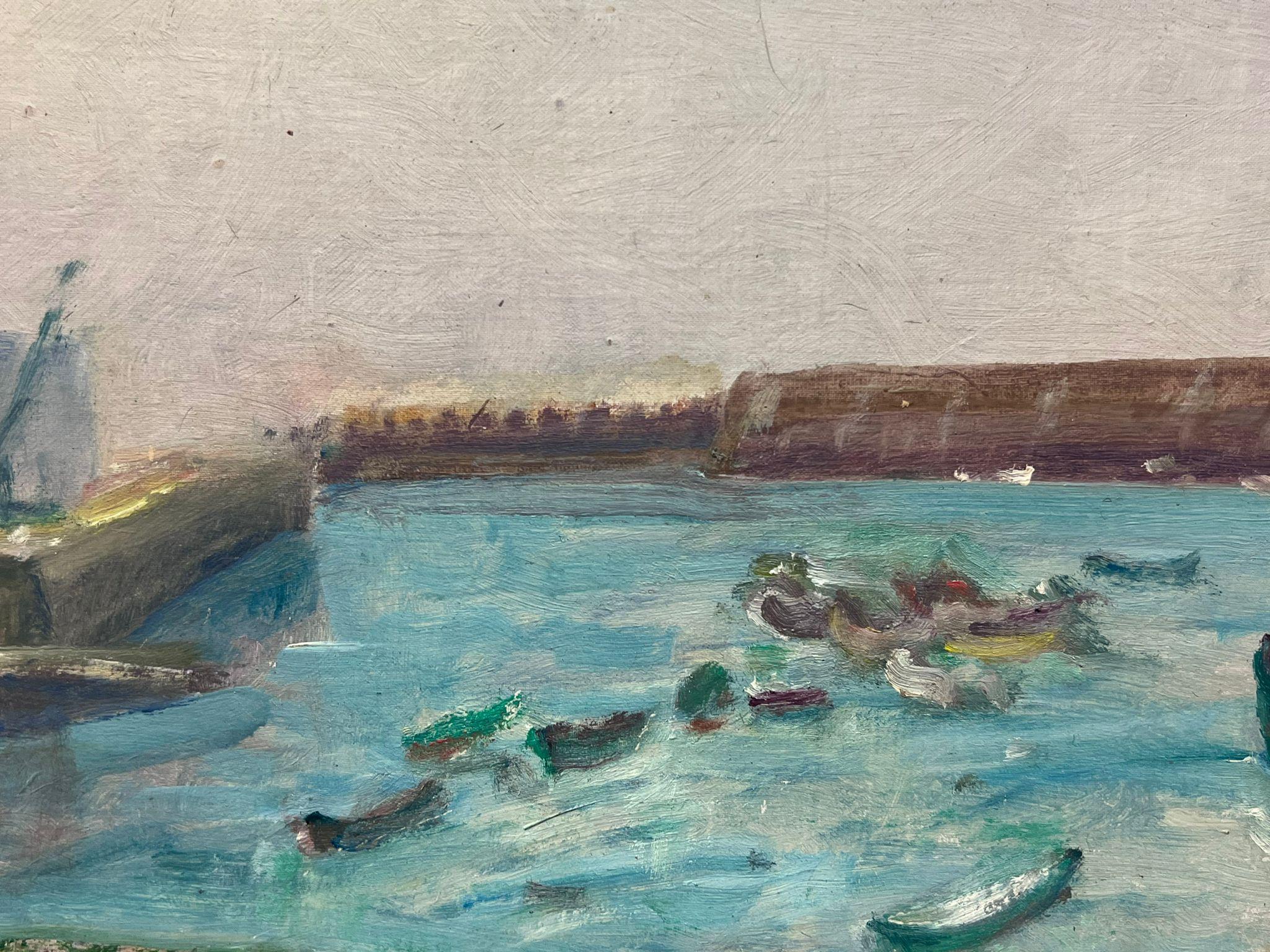 Mitte des 20. Jahrhunderts Französisch Post-Impressionist Öl The Old Harbor (Grau), Landscape Painting, von Regine David