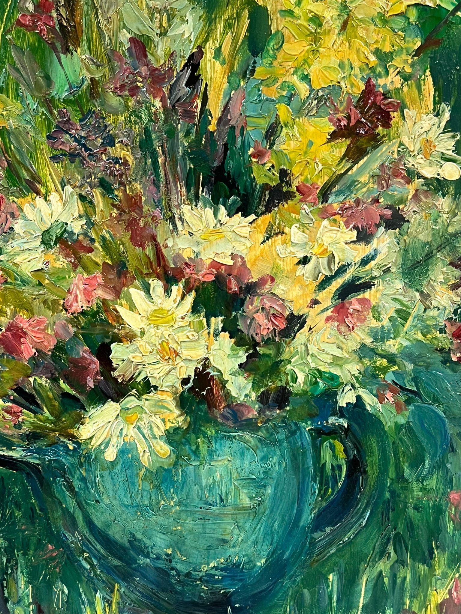 Huile post-impressionniste française du milieu du 20e siècle - Fleurs sauvages cueillies dans le jardin - Noir Landscape Painting par Regine David