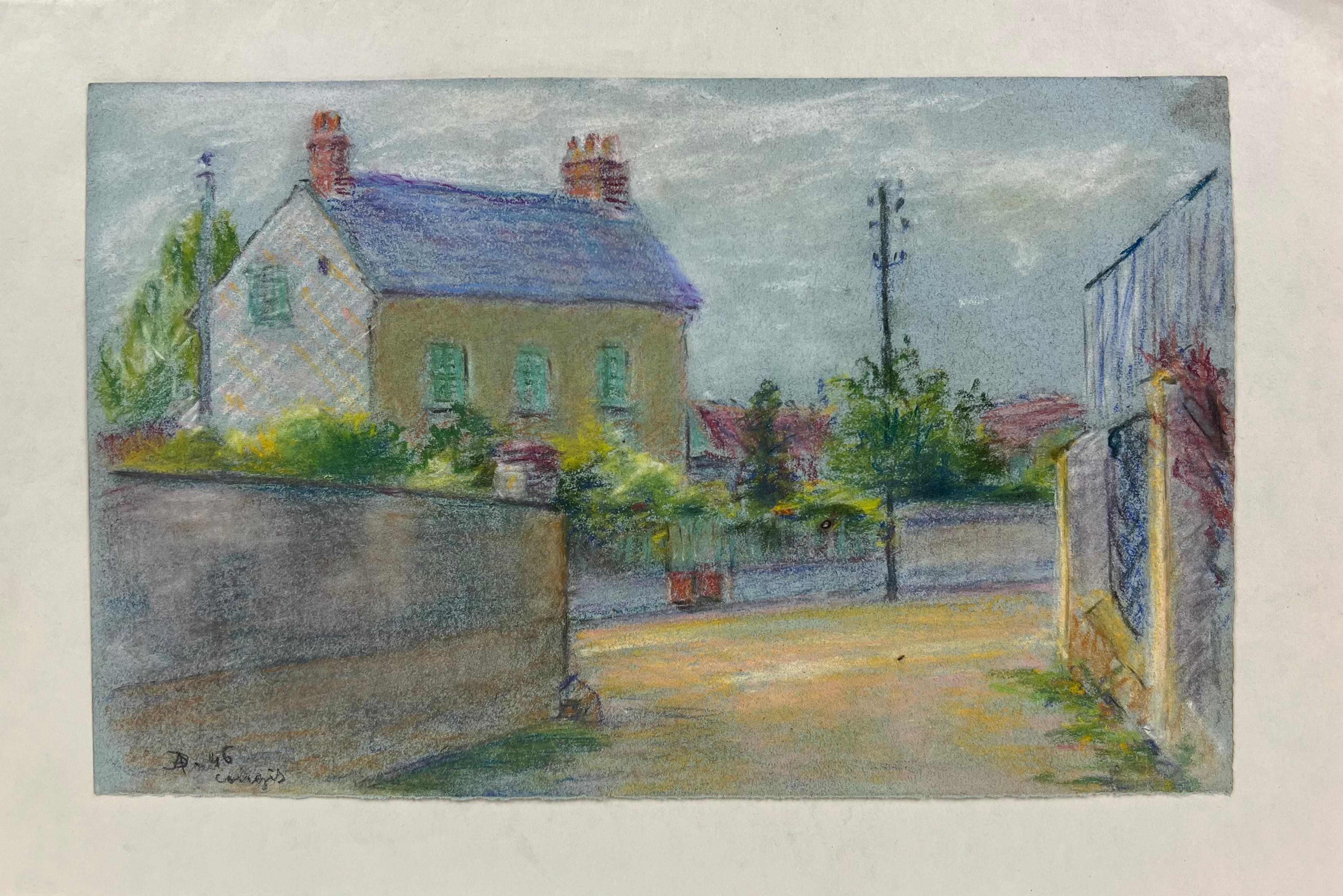 Französisches Pastellgemälde, Quiet Village Corner, Mitte des 20. Jahrhunderts – Painting von Regine David