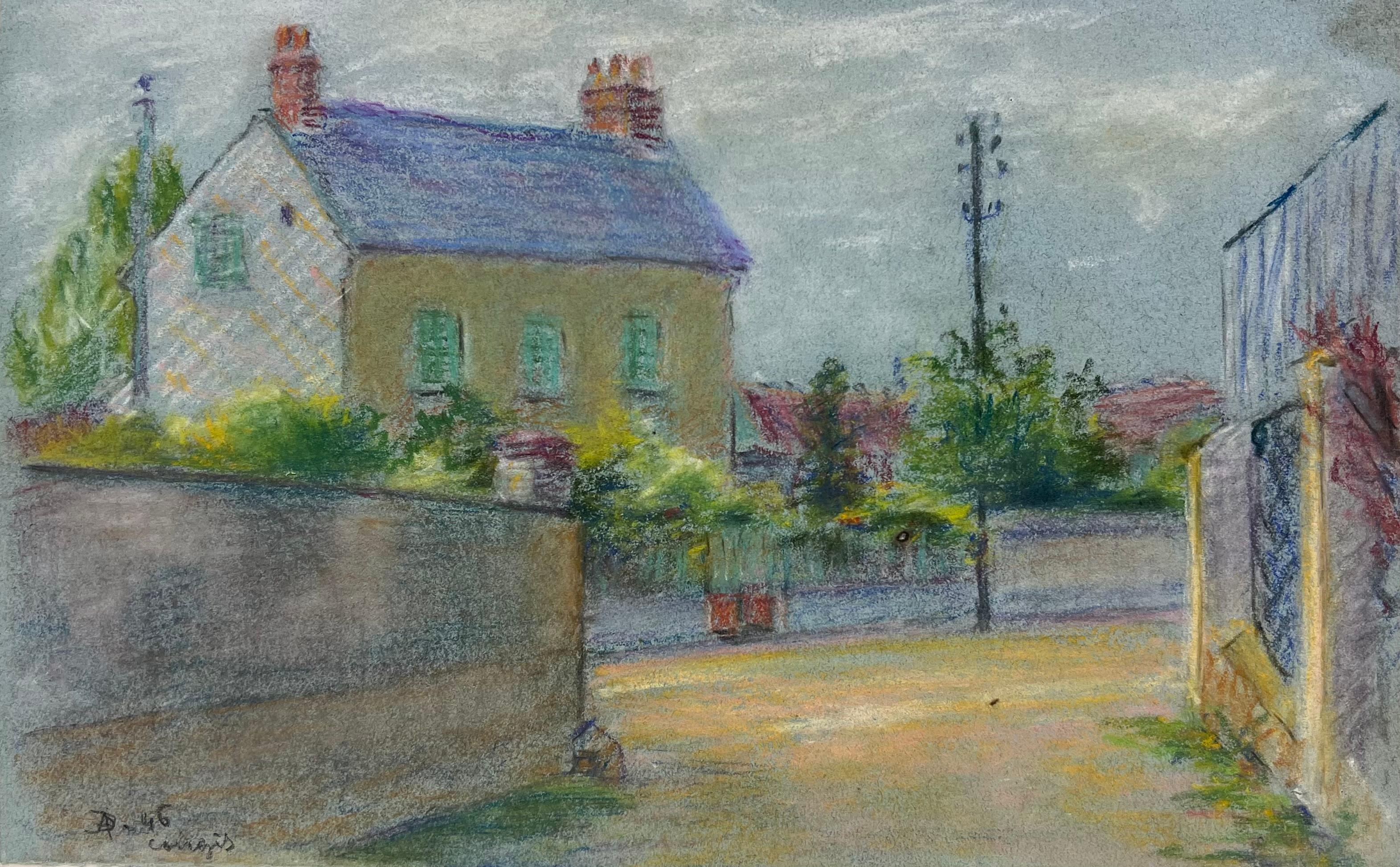 Peinture d'angle Pastel d'un village de coiffeuses françaises du milieu du 20e siècle