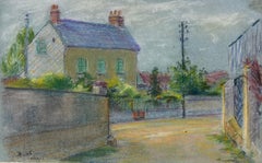 Peinture d'angle Pastel d'un village de coiffeuses françaises du milieu du 20e siècle