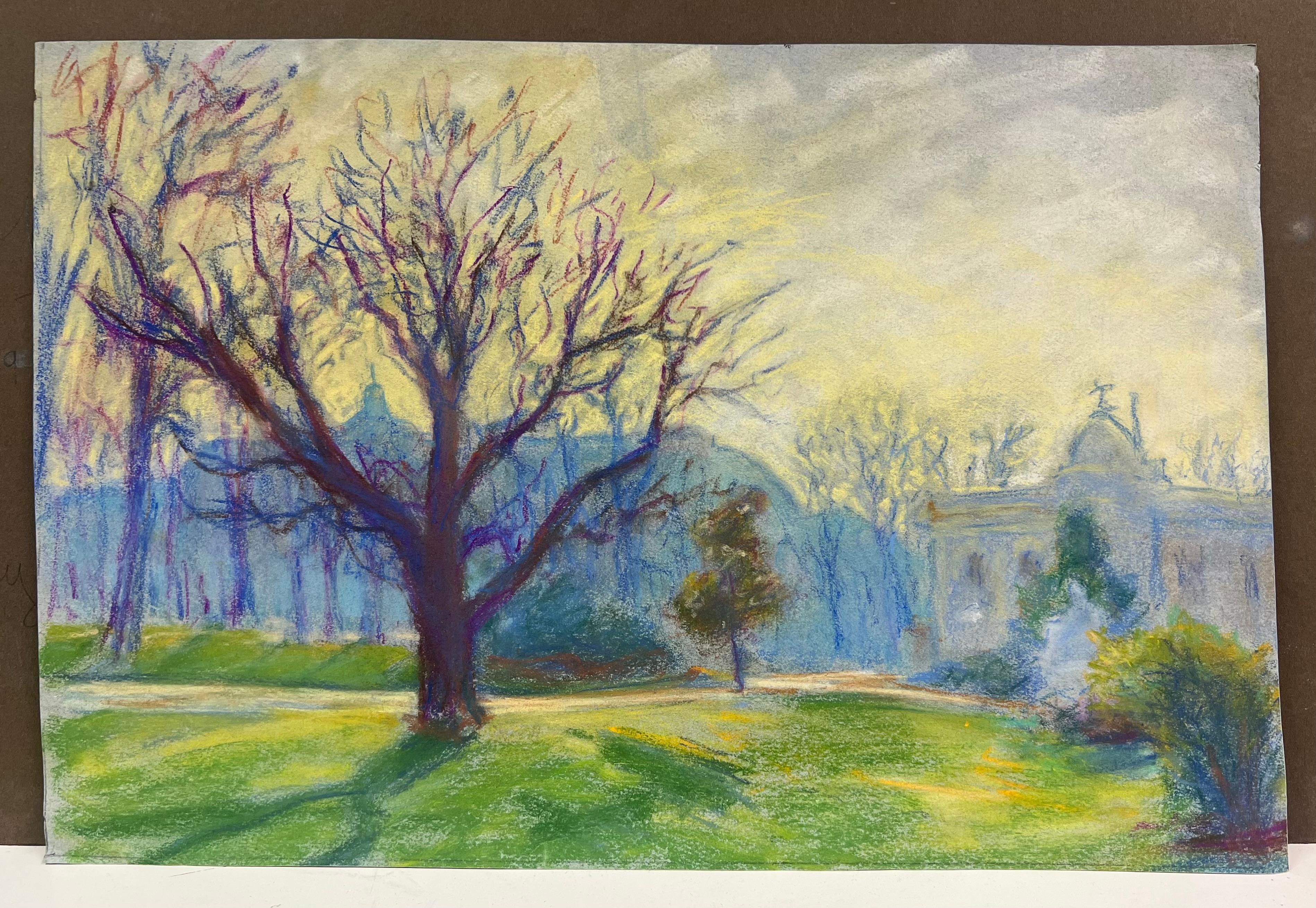 Mid 20th Century French Winter Sunlight in the Park Landscape of Bare Trees - Painting by Regine David