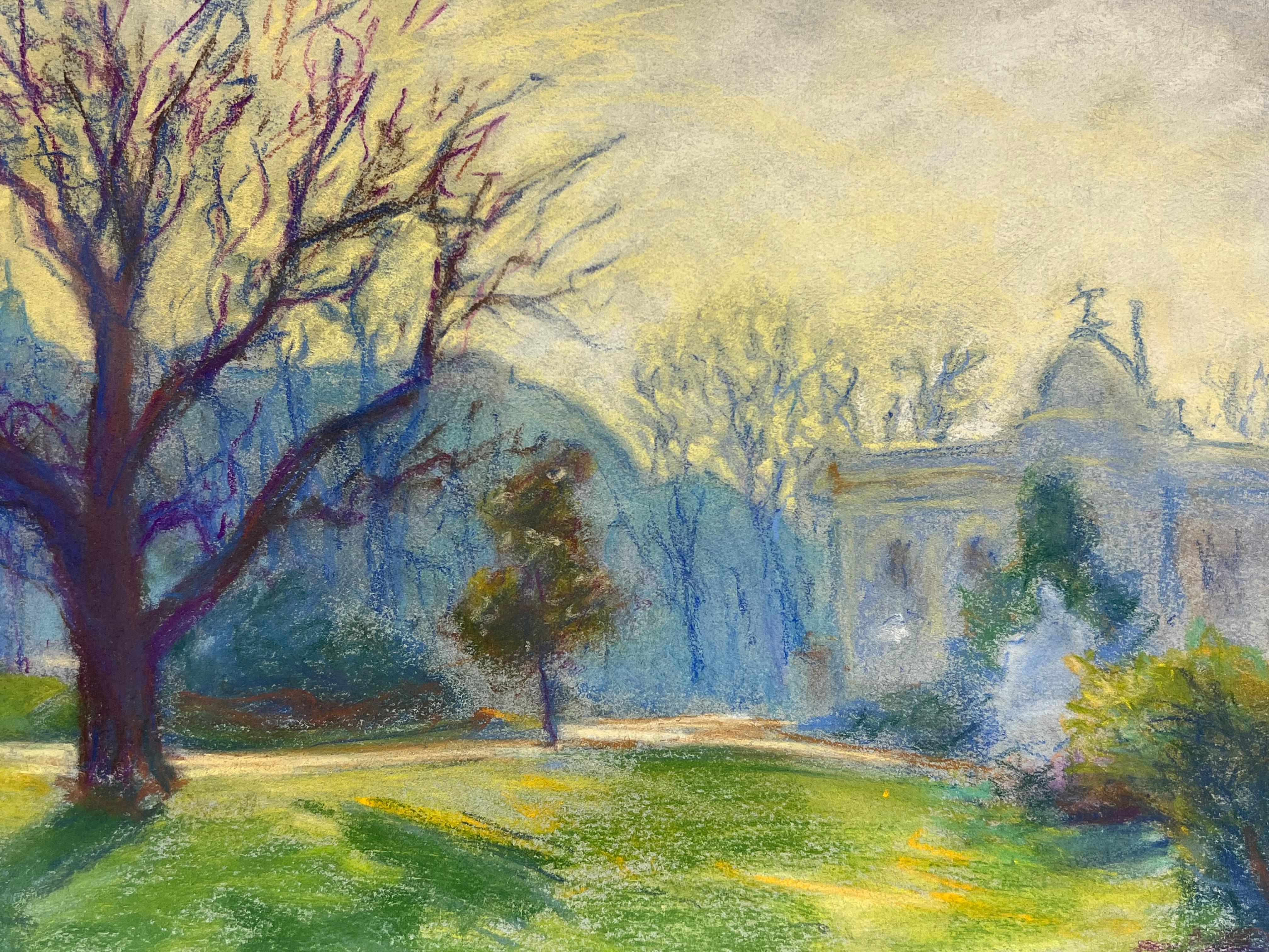 Mid 20th Century French Winter Sunlight in the Park Landscape of Bare Trees - Post-Impressionist Painting by Regine David