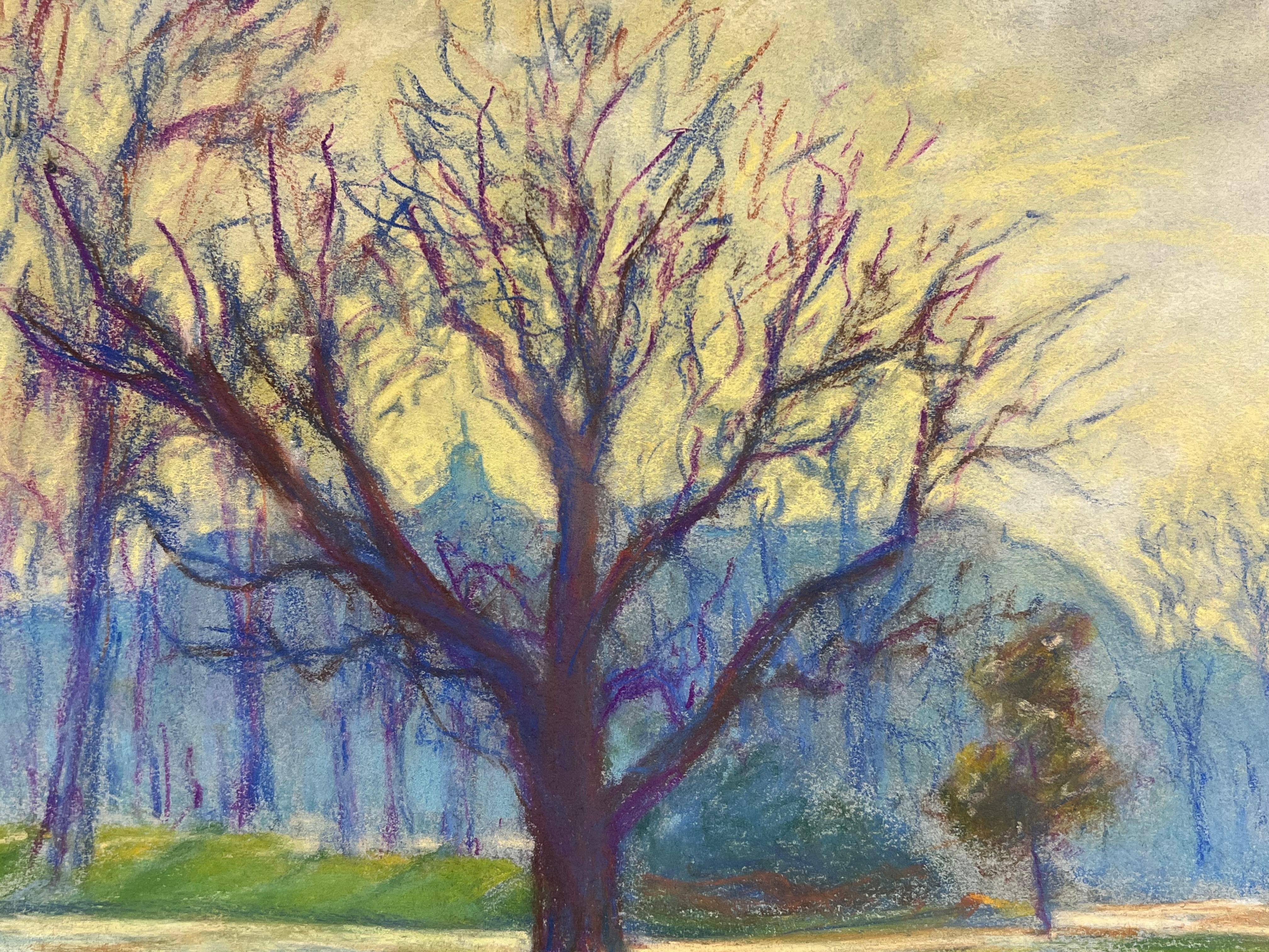 Mid 20th Century French Winter Sunlight in the Park Landscape of Bare Trees - Brown Landscape Painting by Regine David