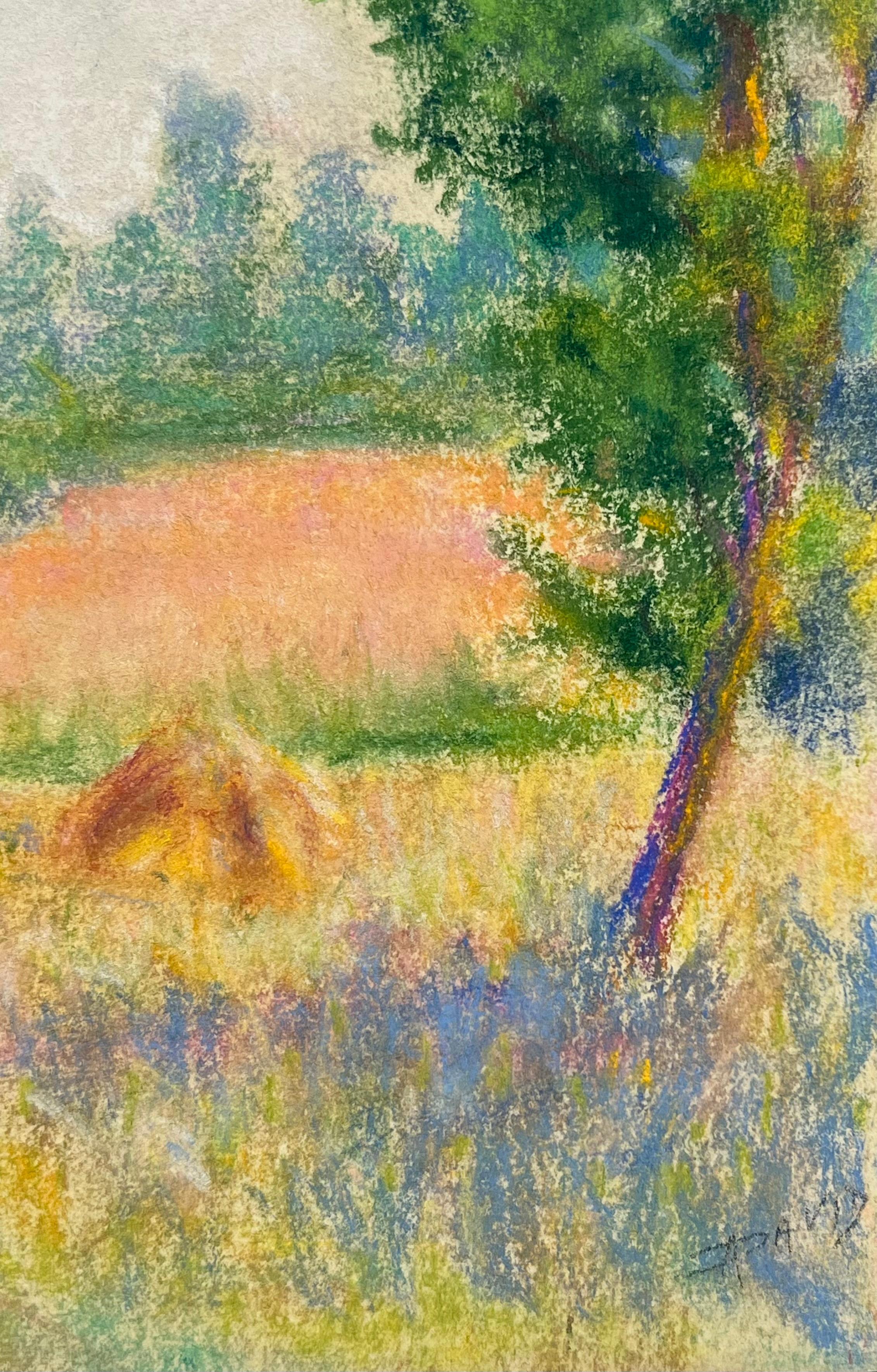 Les teintes de la récolte
signé par Regine David (artiste française, 1910-2018)
peinture au pastel sur papier d'artiste
peinture : 9.5 x 12 pouces
état : Cette peinture est en excellent état, avec des couleurs vibrantes et des détails bien