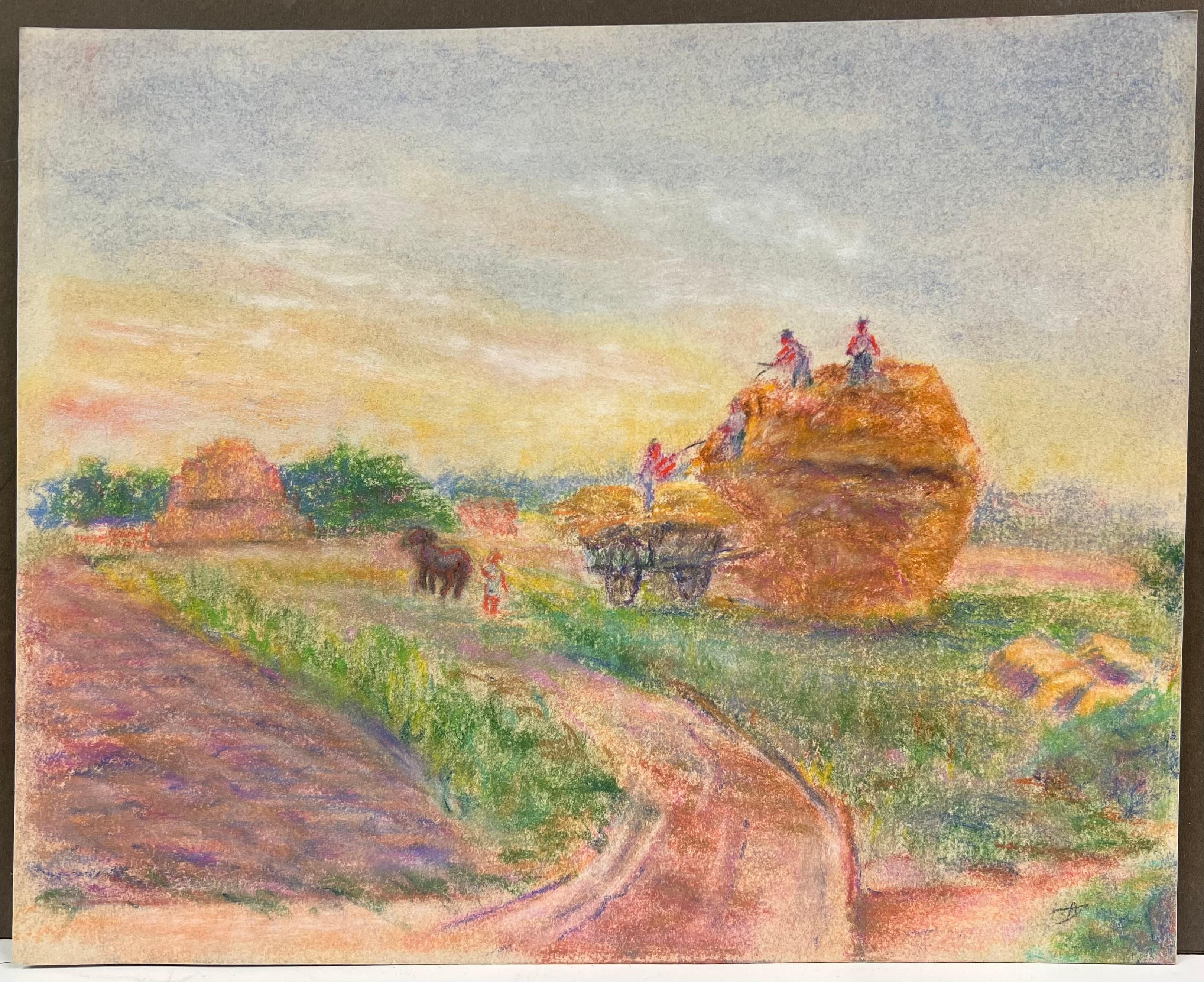 Raccolto estivo della metà del XX secolo Scena rurale a pastello di contadini al lavoro - Painting di Regine David