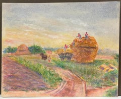 Mid 20th Century Harvest In Summer Rural Pastel Scene of Farmers at Work