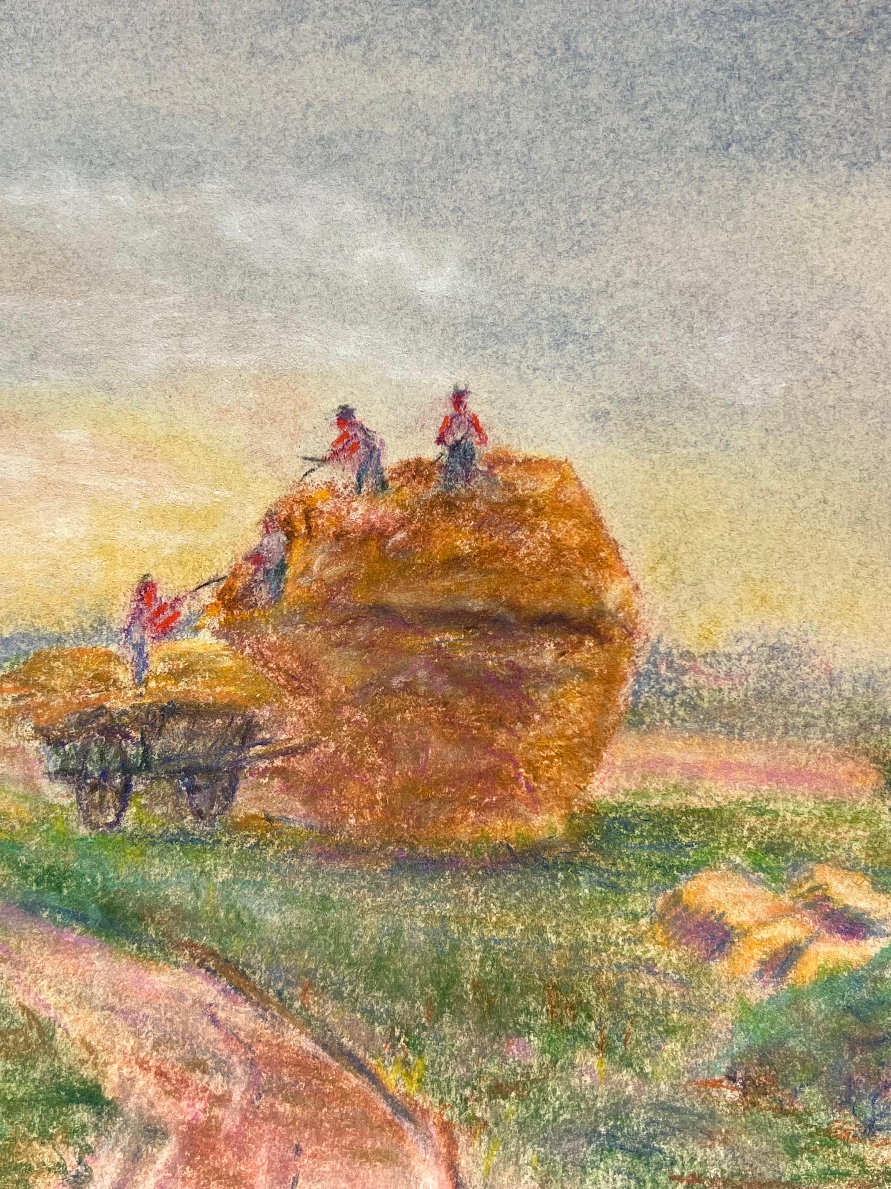Raccolto estivo della metà del XX secolo Scena rurale a pastello di contadini al lavoro - Painting Postimpressionismo di Regine David