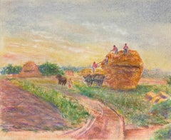 Mid 20th Century Harvest In Summer Rural Pastel Scene of Farmers at Work