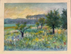 Paysage du milieu du 20e siècle Meadow at Sunset Pastel, avec arbres et fleurs sauvages