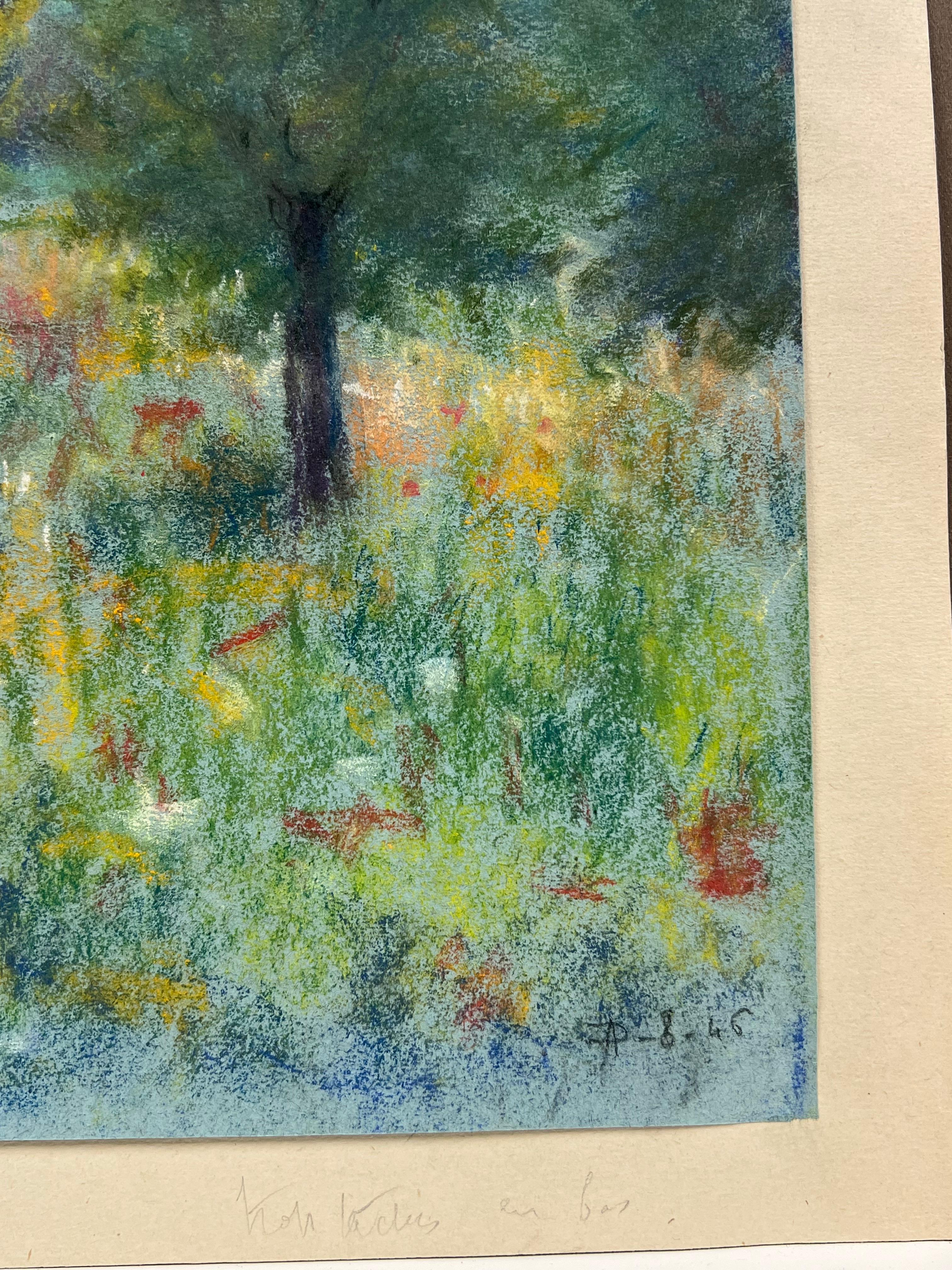 Prato al tramonto, paesaggio pastello di alberi e fiori selvatici della metà del XX secolo in vendita 2