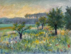 Mid 20th Century Meadow at Sunset Pastel Landscape of Trees and Wildflowers