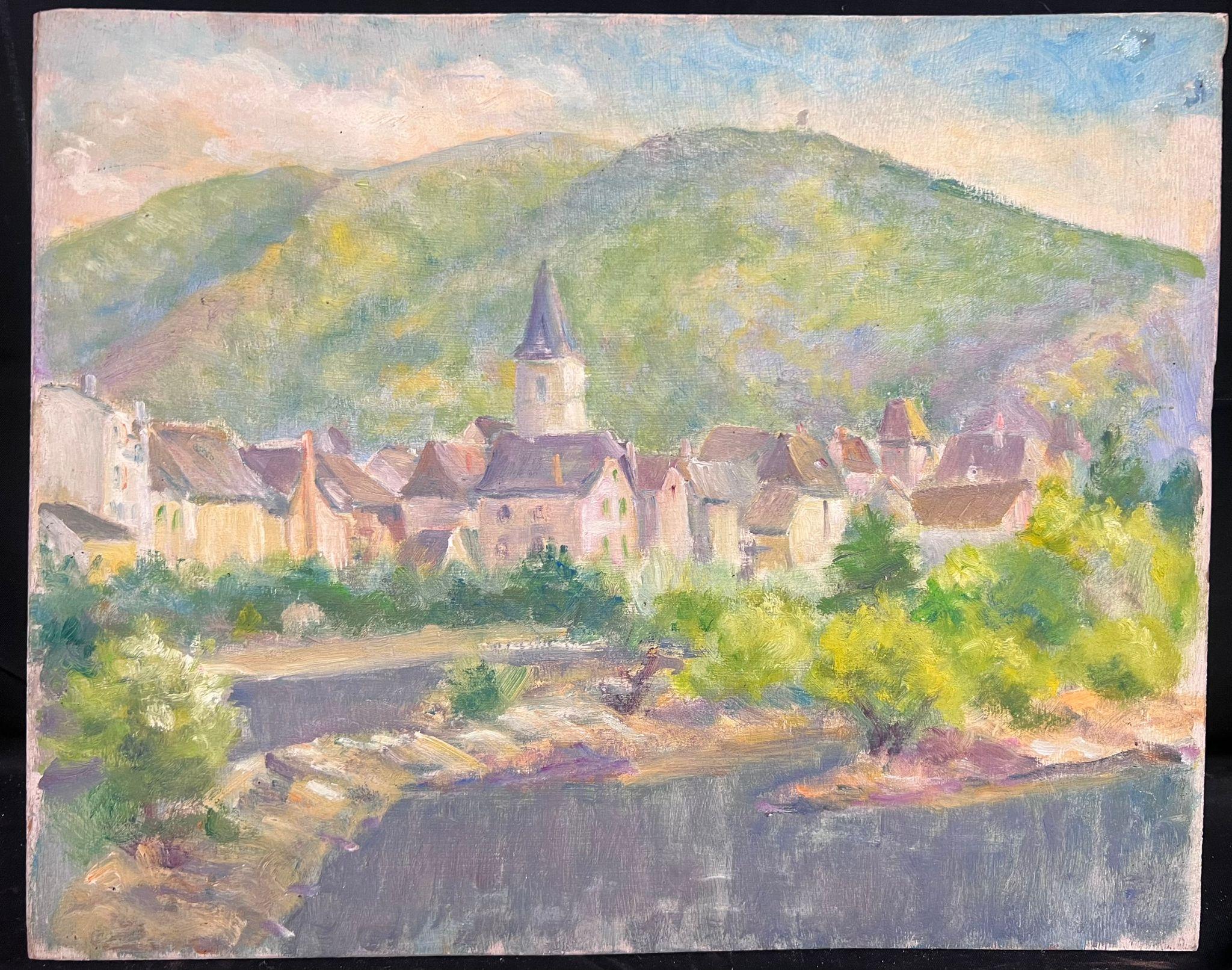 Mitte des 20. Jahrhunderts: Sonnenbeschienenes Dorf in  Französisches postimpressionistisches Ölgemälde 