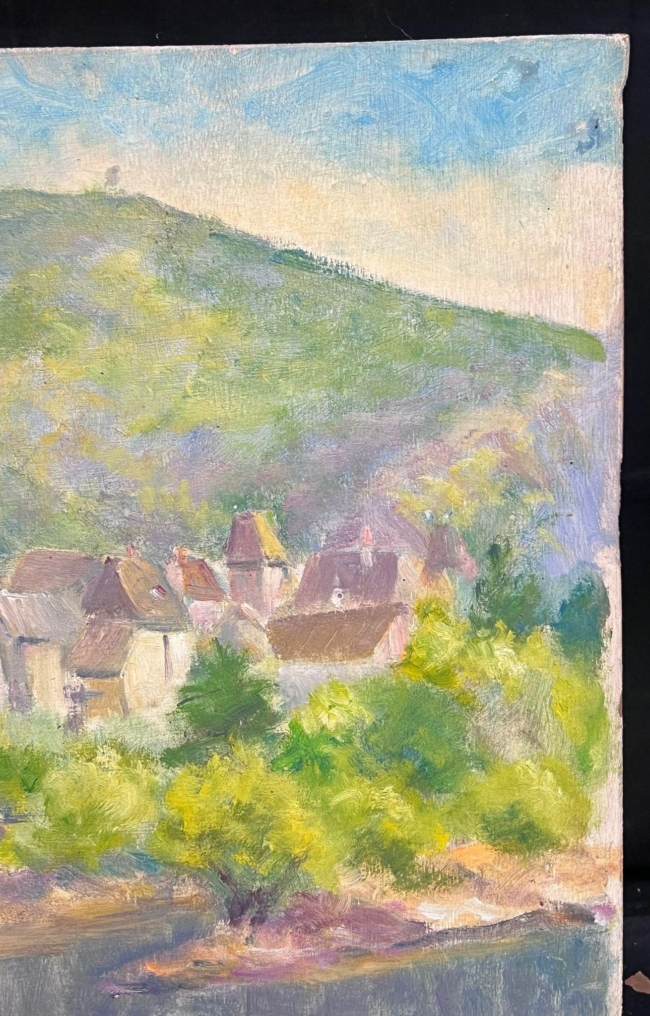 Mitte des 20. Jahrhunderts: Sonnenbeschienenes Dorf in  Französisches postimpressionistisches Ölgemälde 