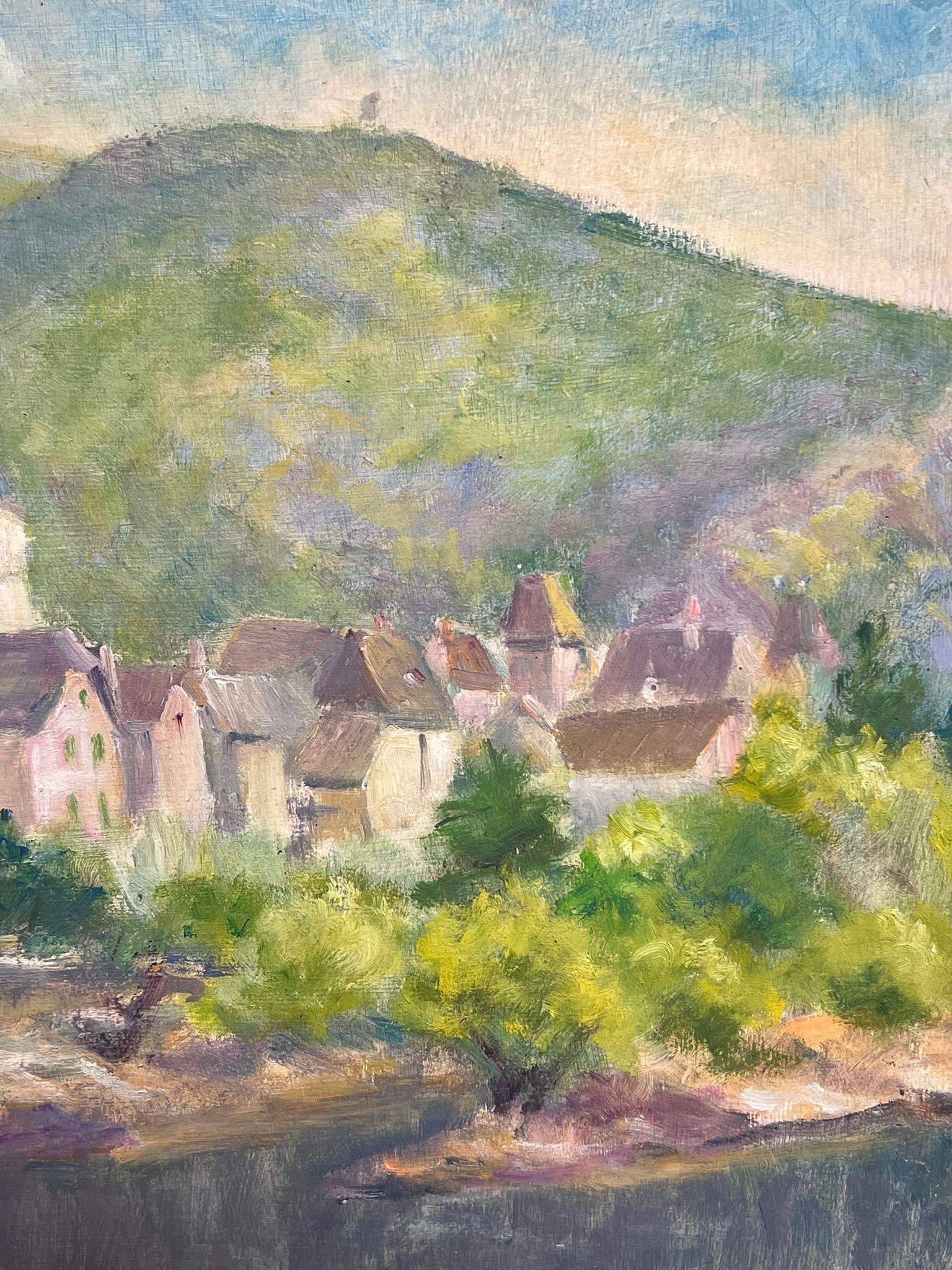 Mitte des 20. Jahrhunderts: Sonnenbeschienenes Dorf in  Französisches postimpressionistisches Ölgemälde 