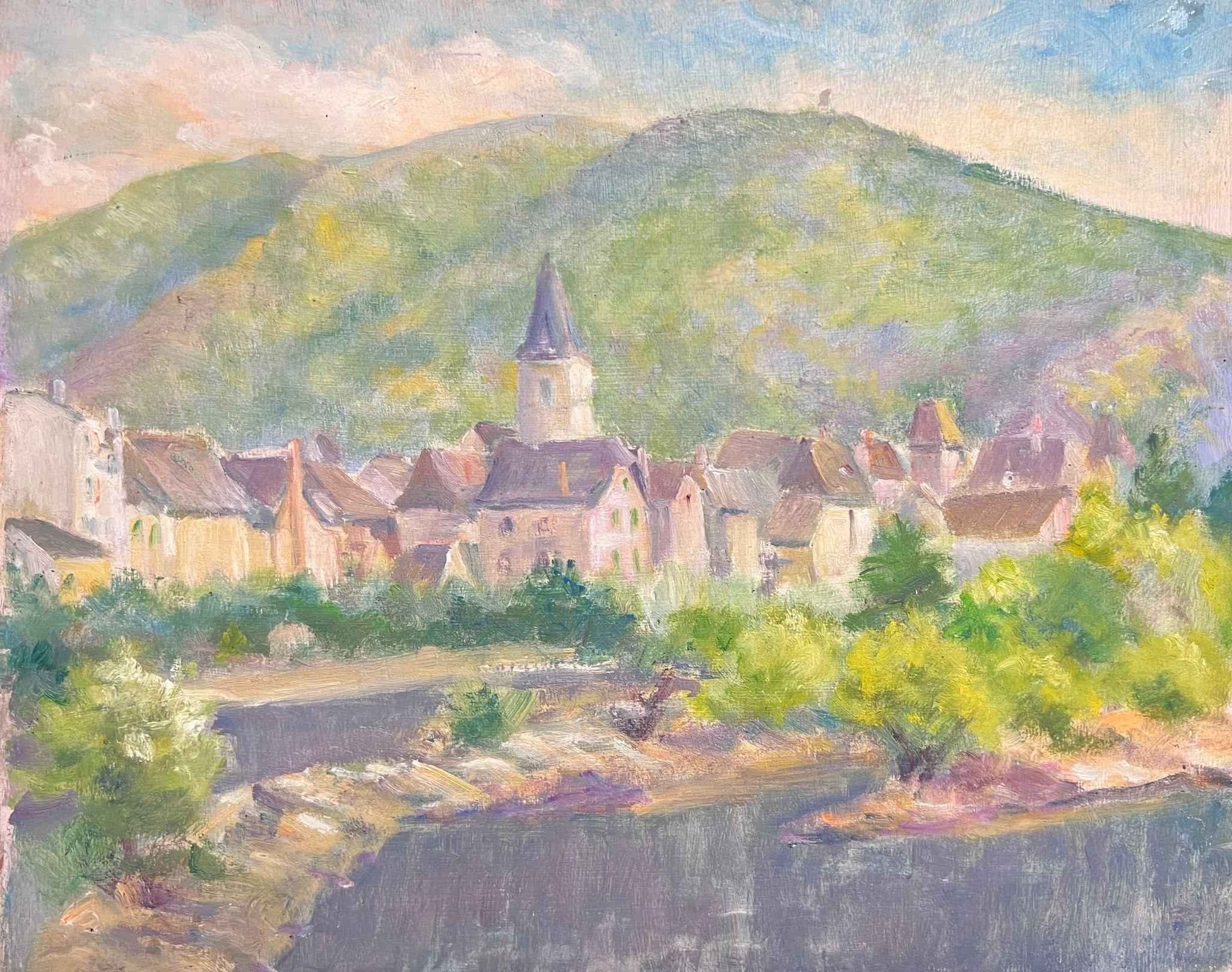 Mitte des 20. Jahrhunderts: Sonnenbeschienenes Dorf in  Französisches postimpressionistisches Ölgemälde "Die Berge"