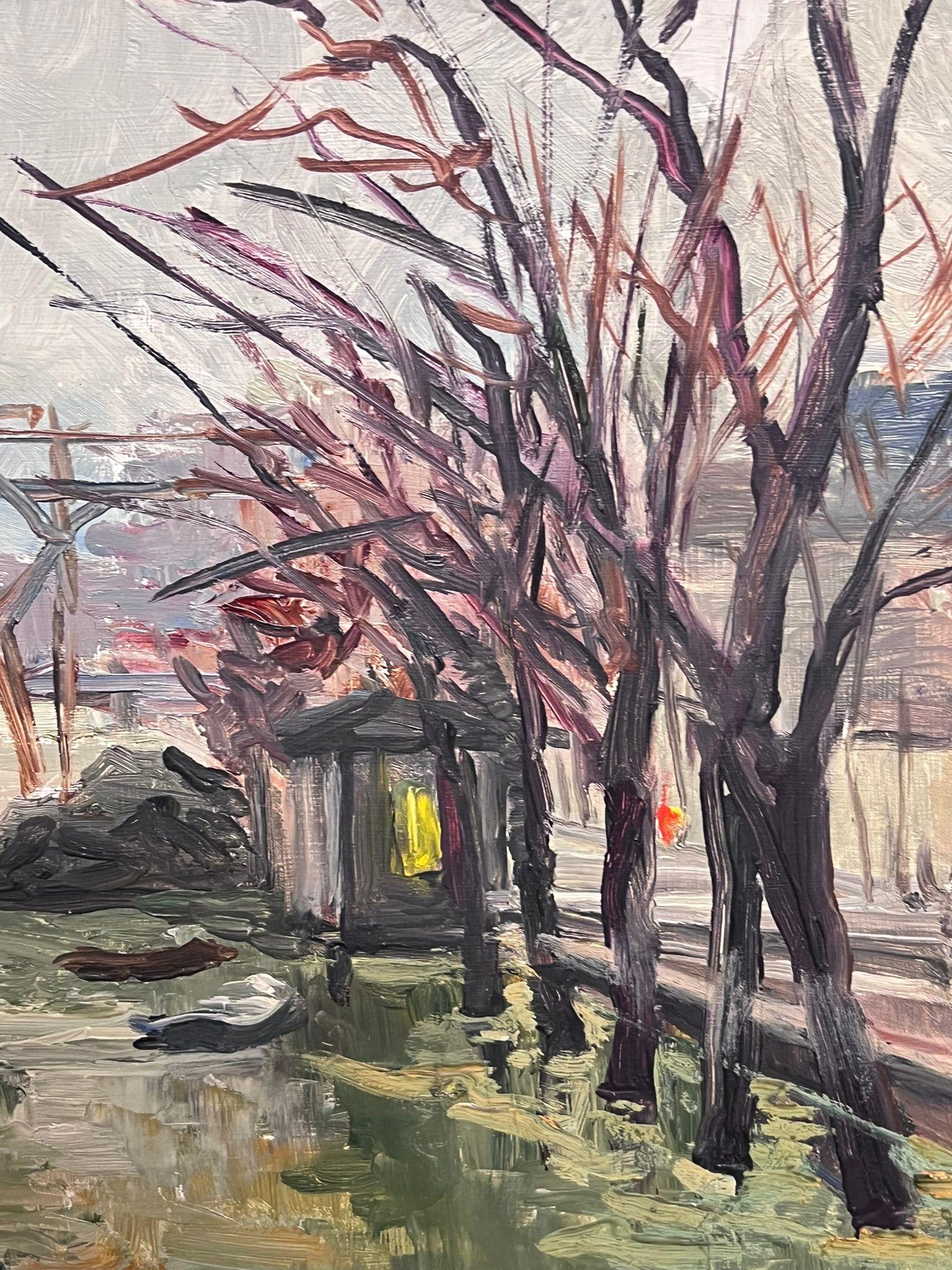 Spring Boats in Industrieller Flussufer-Szene, Französisches Ölgemälde, Mitte des Jahrhunderts (Post-Impressionismus), Painting, von Regine David