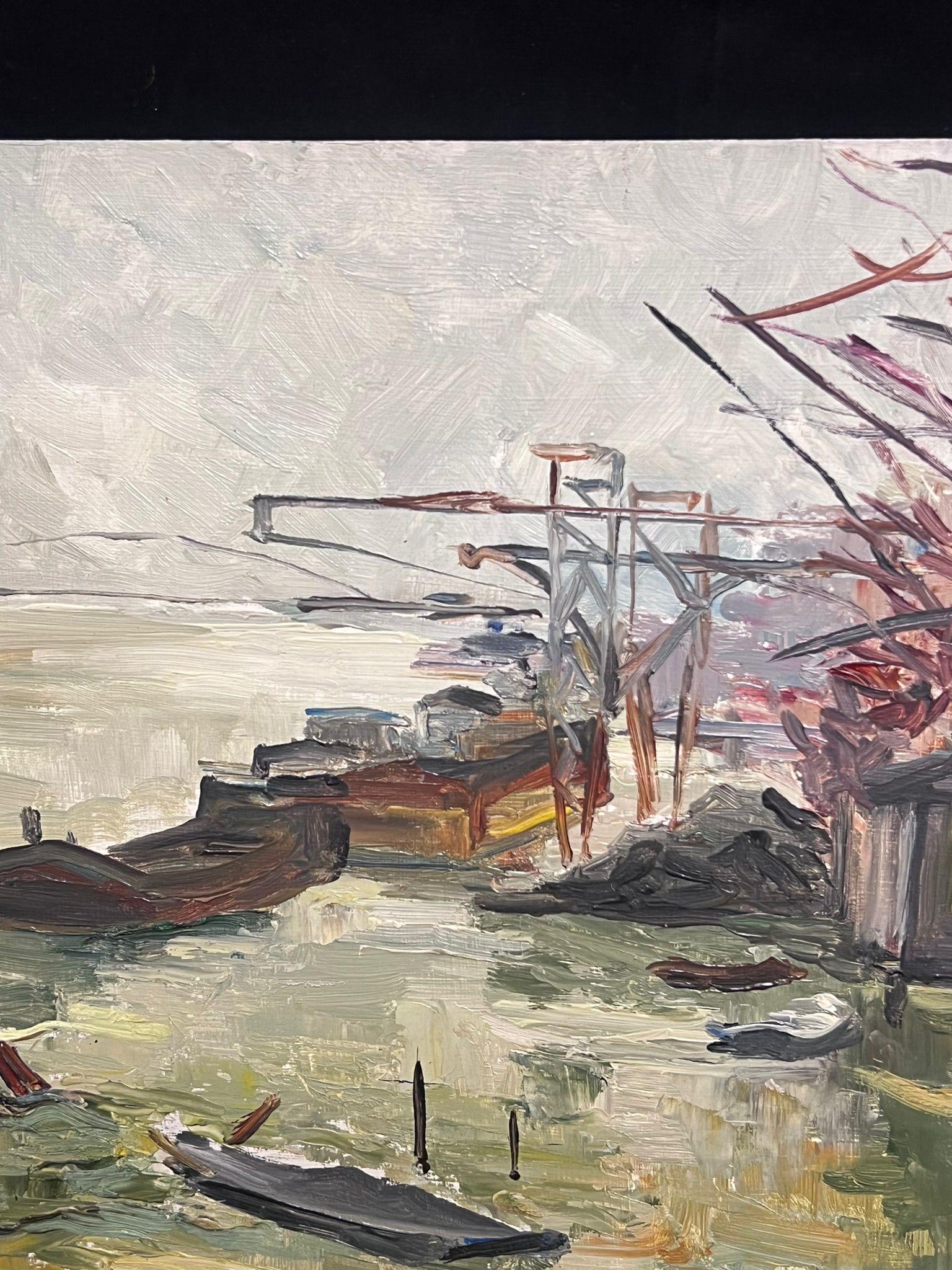 Industrielle Riverside-Szene
von Regine David (französische Künstlerin, 1910-2018)
Ölgemälde auf Karton, ungerahmt
Maße: 10,75 x 13,75 Zoll
Zustand: Das Gemälde ist in einem sehr guten und vorzeigbaren Zustand und sicherlich sehr original. Es wurde