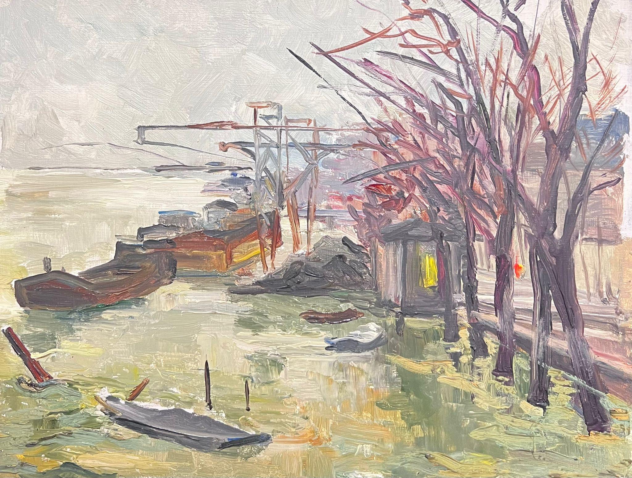 Regine David Landscape Painting – Spring Boats in Industrieller Flussufer-Szene, Französisches Ölgemälde, Mitte des Jahrhunderts