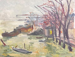 Mid Century Spring Boats in Industrial Riverside Scene French Oil Painting