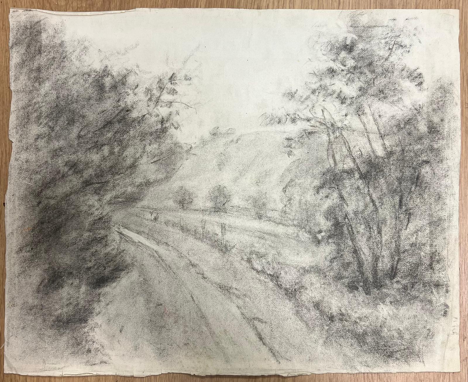Route de campagne brumeuse à travers les bois Paysage atmosphérique au fusain - Painting de Regine David