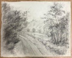 Misty Country Road Through Woodland Atmospheric Charcoal Landscape