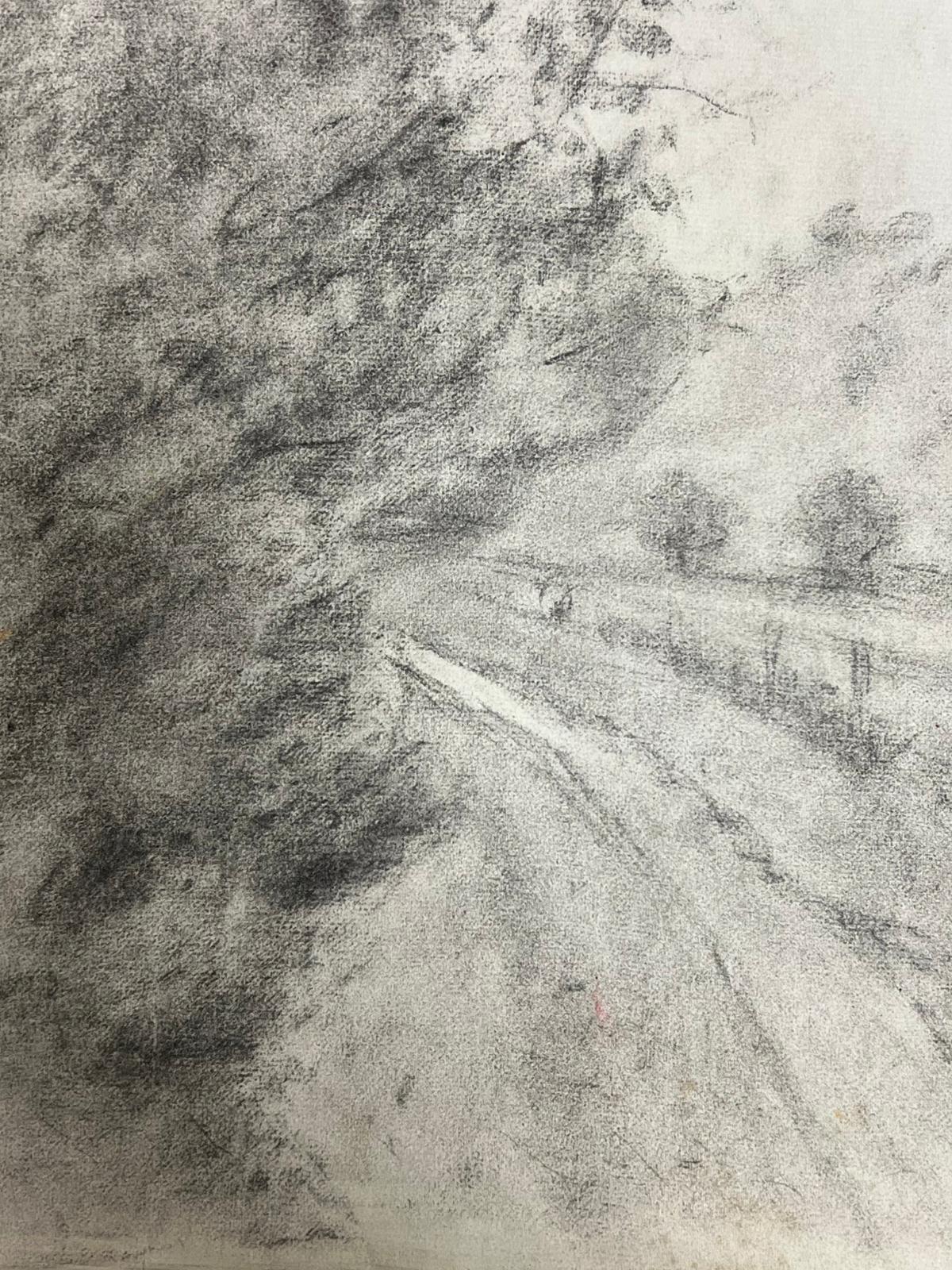 Route de campagne brumeuse à travers les bois Paysage atmosphérique au fusain - Gris Landscape Painting par Regine David