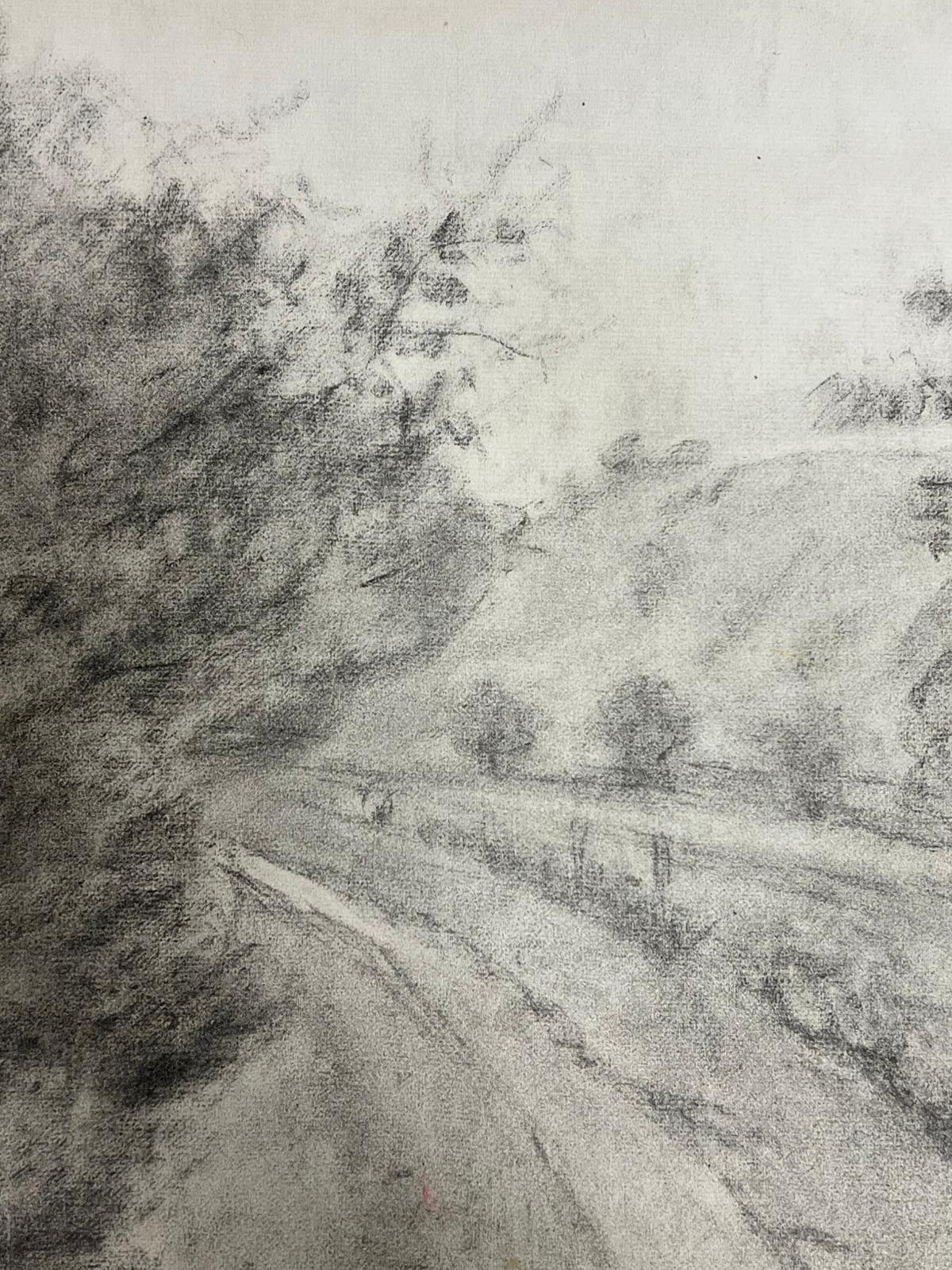 Paysage de campagne brumeux 
par Régine David (artiste française, 1910-2018)
peinture au fusain sur papier d'artiste
peinture : 15 x 18 pouces
état : Ce tableau est en excellent état. La peinture est intacte et ne présente pas de signes de dommages