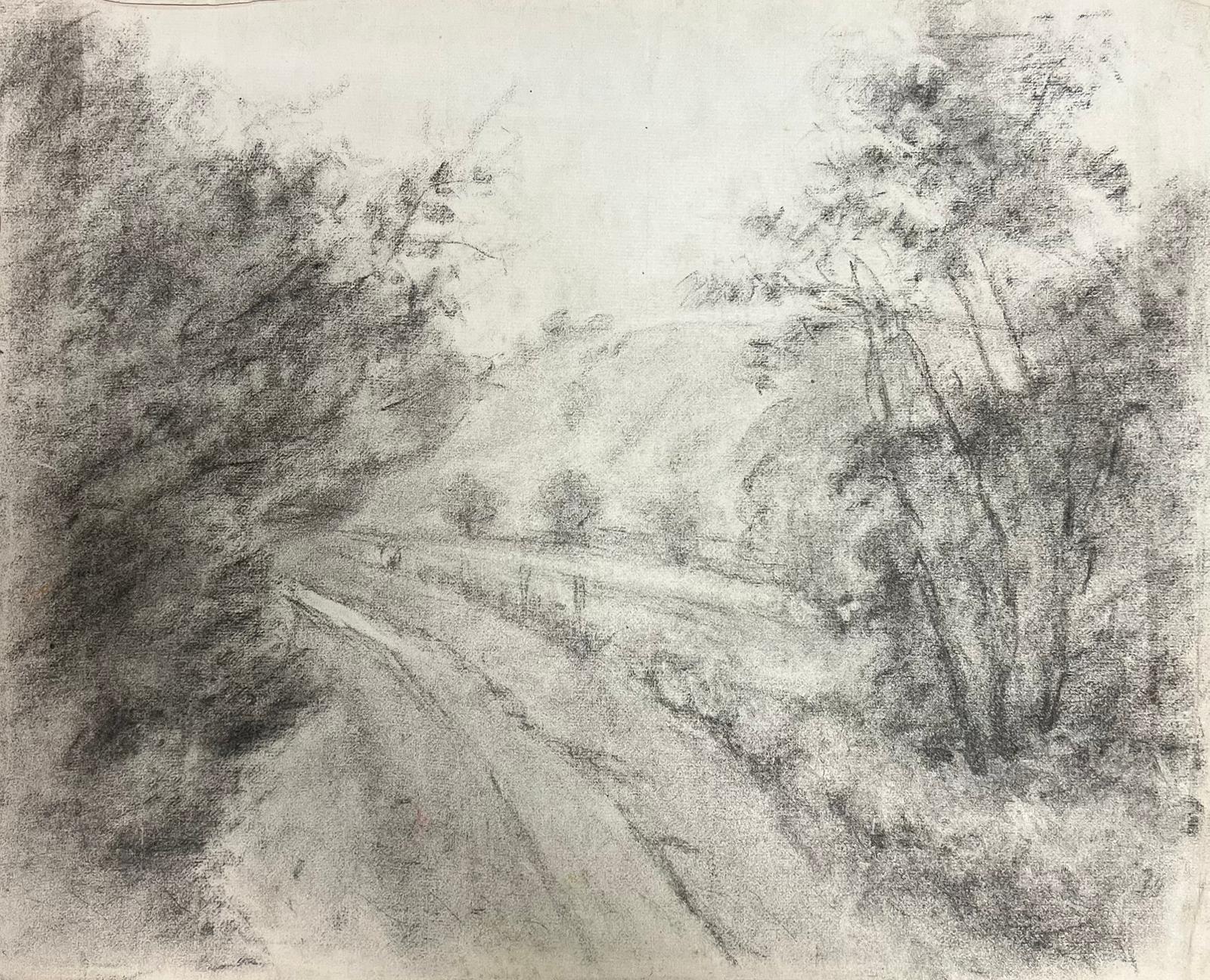 Misty Country Road durch Holzland, atmosphärische Holzkohle-Landschaft