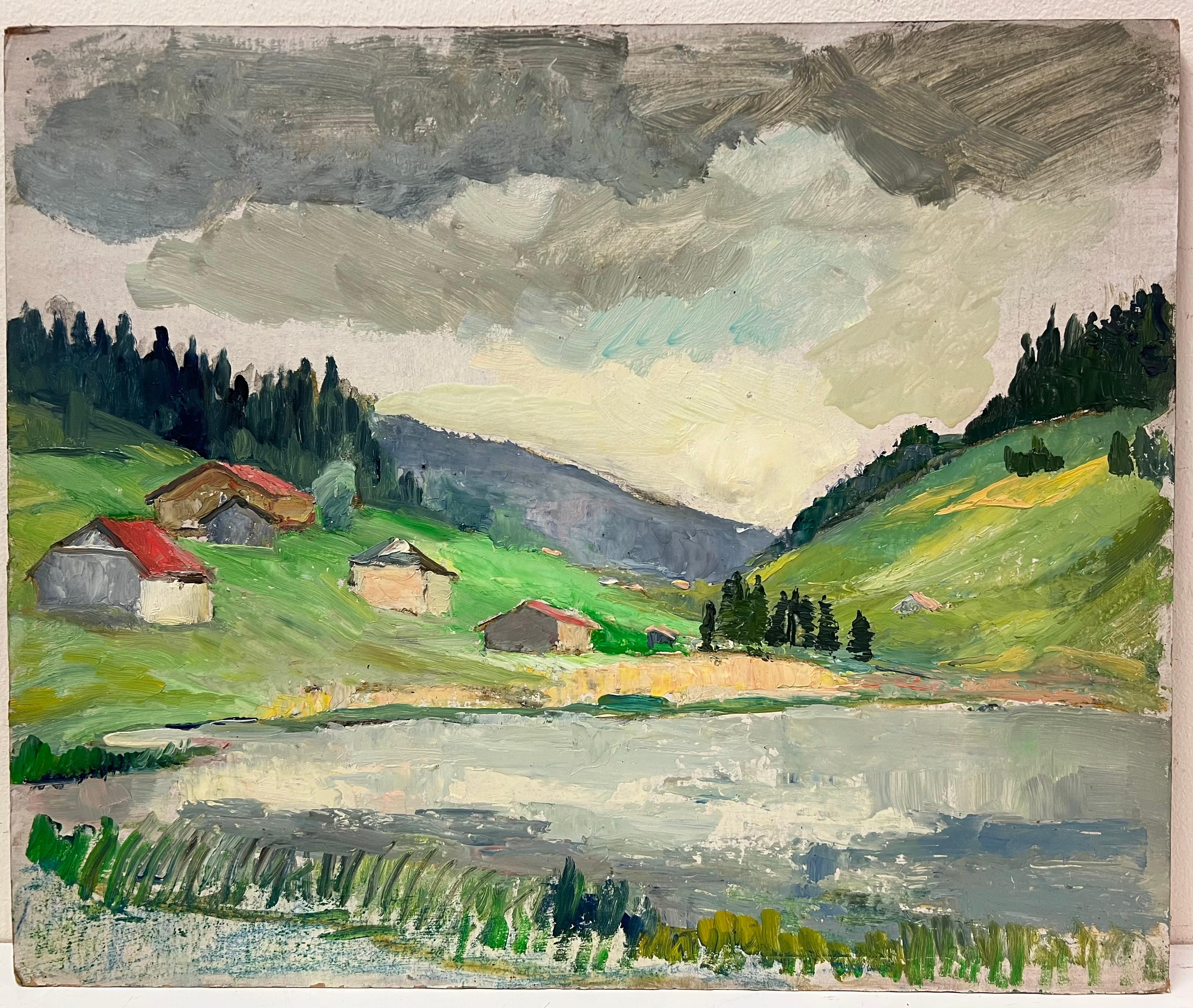 Villaggio di montagna vicino a un lago riflettente sotto un cielo lunare Paesaggio - Painting di Regine David
