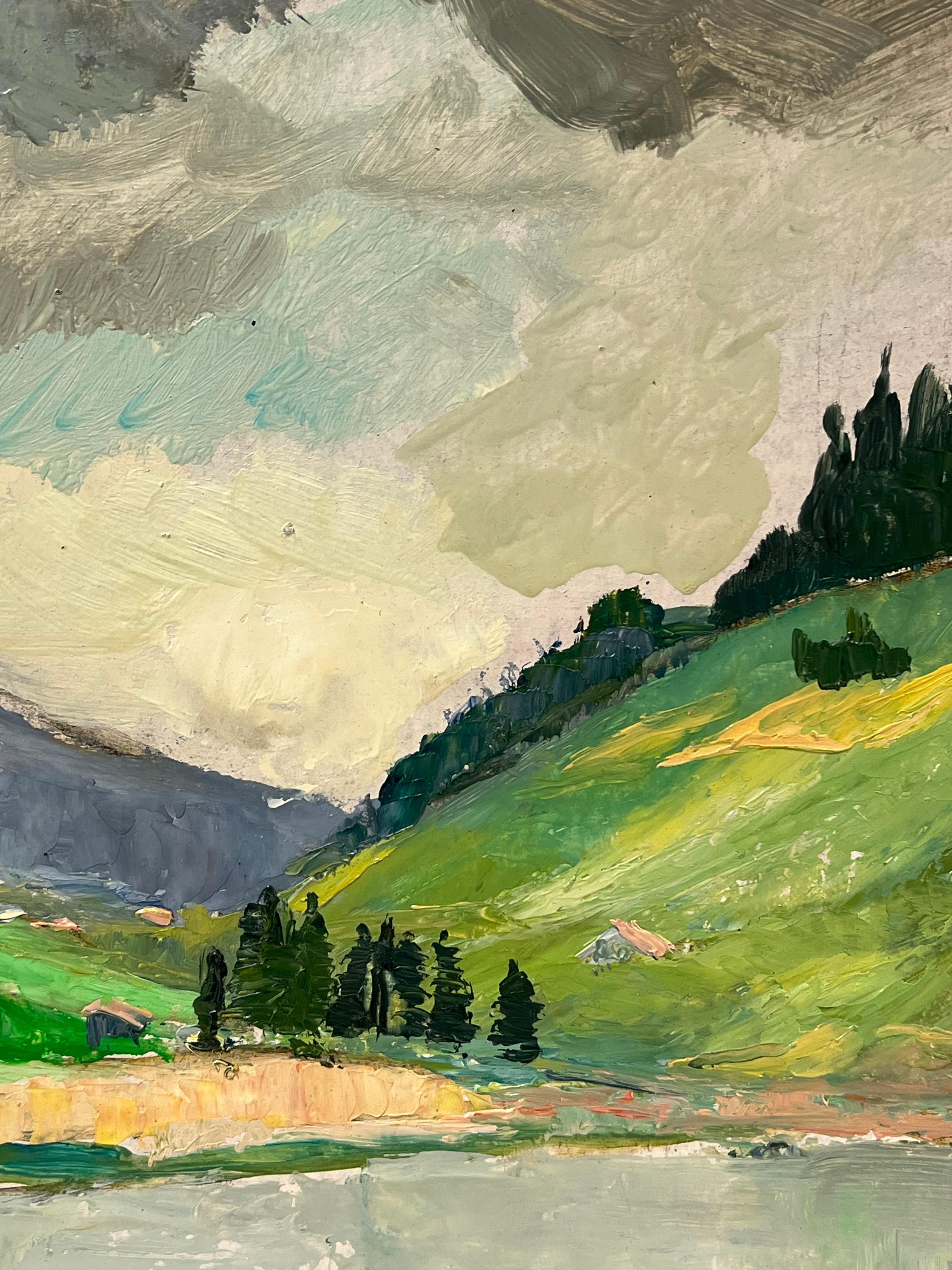 Villaggio di montagna vicino a un lago riflettente sotto un cielo lunare Paesaggio - Painting Postimpressionismo di Regine David