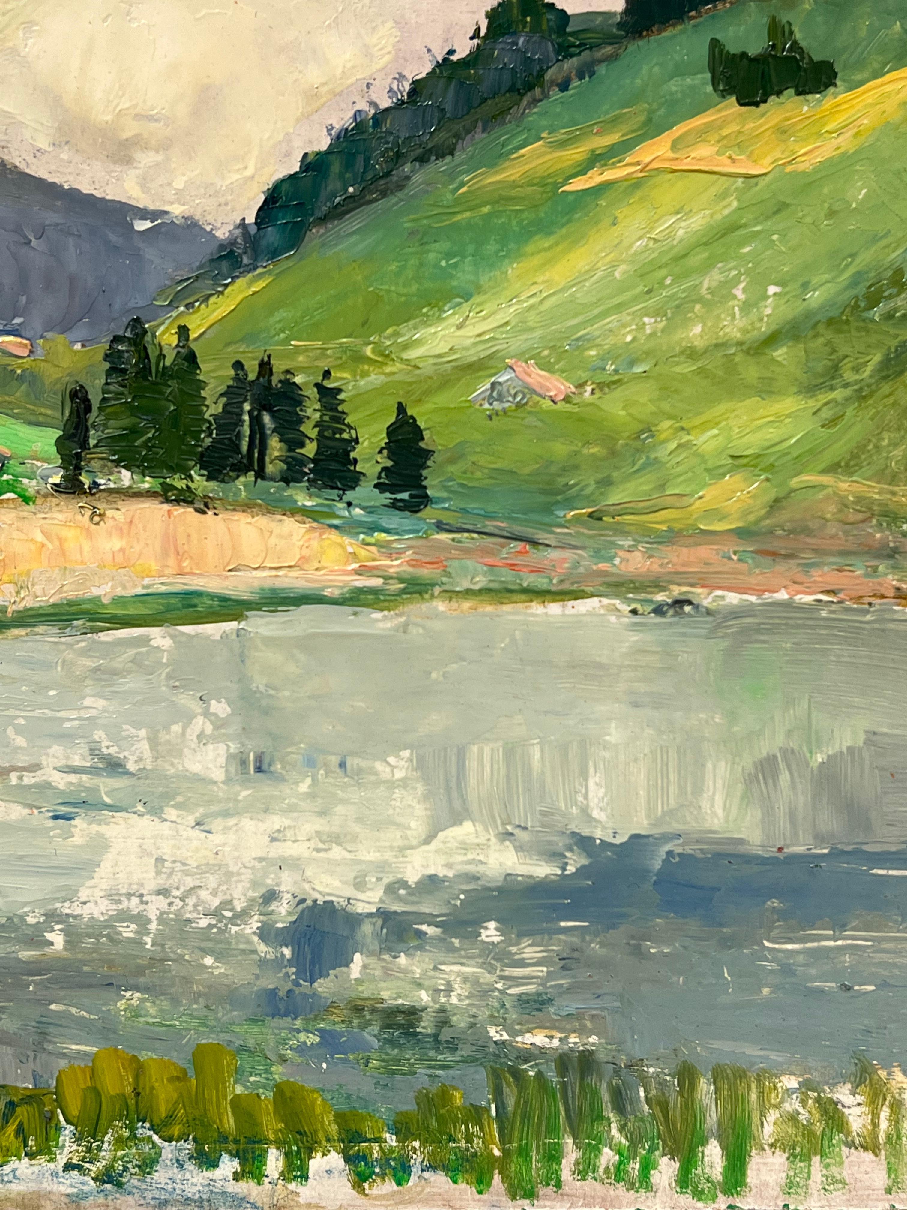 Villaggio di montagna vicino a un lago riflettente sotto un cielo lunare Paesaggio - Landscape Painting Marrone di Regine David