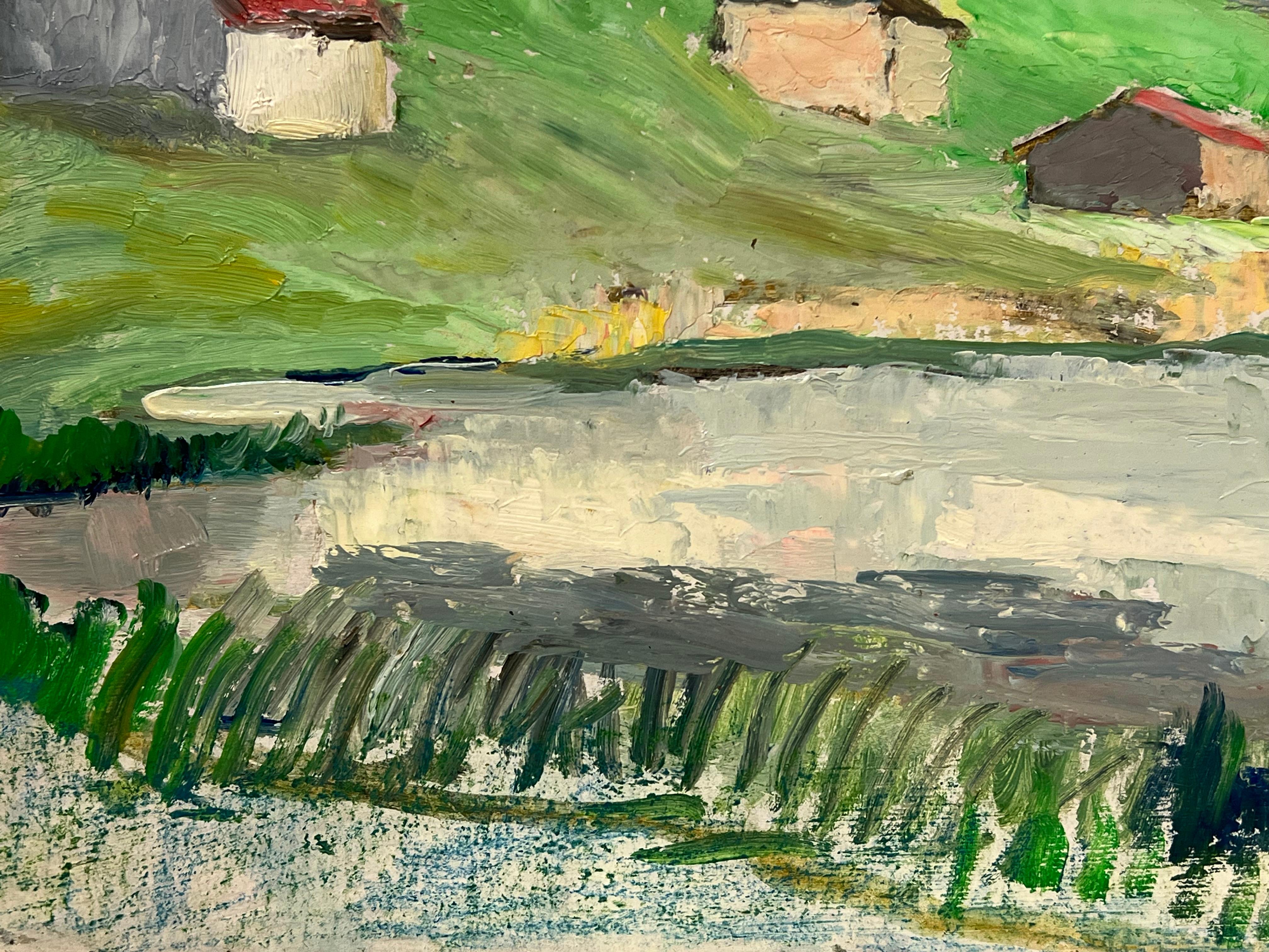 Villaggio di montagna
di David David (artista francese, 1910-2018)
dipinto a olio su tavola, senza cornice
tavola: 15 x 18 pollici
iscritto al verso
condizioni: Questo dipinto è in condizioni eccellenti, con colori vivaci e dettagli ben conservati.