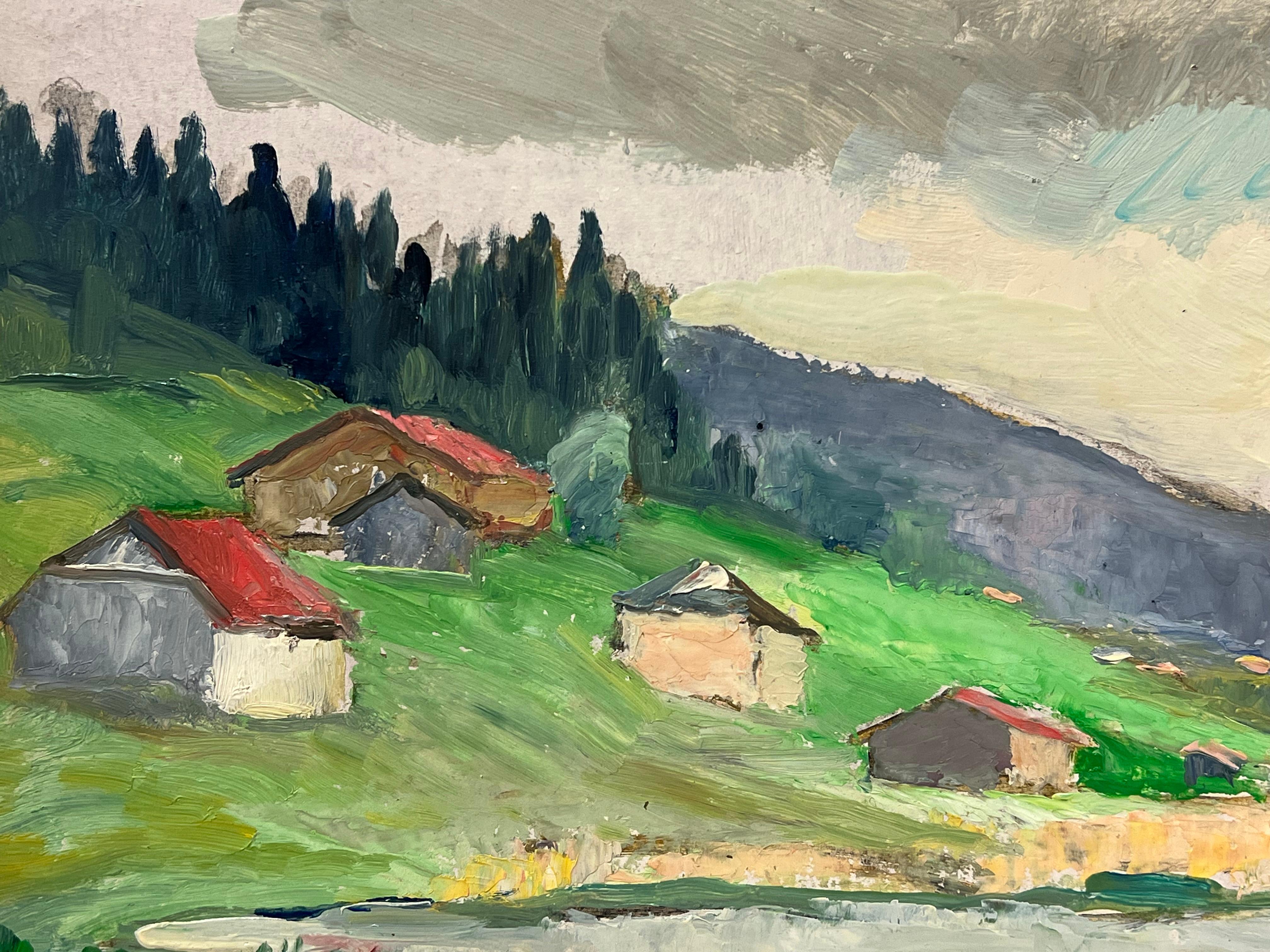 Villaggio di montagna vicino a un lago riflettente sotto un cielo lunare Paesaggio in vendita 1