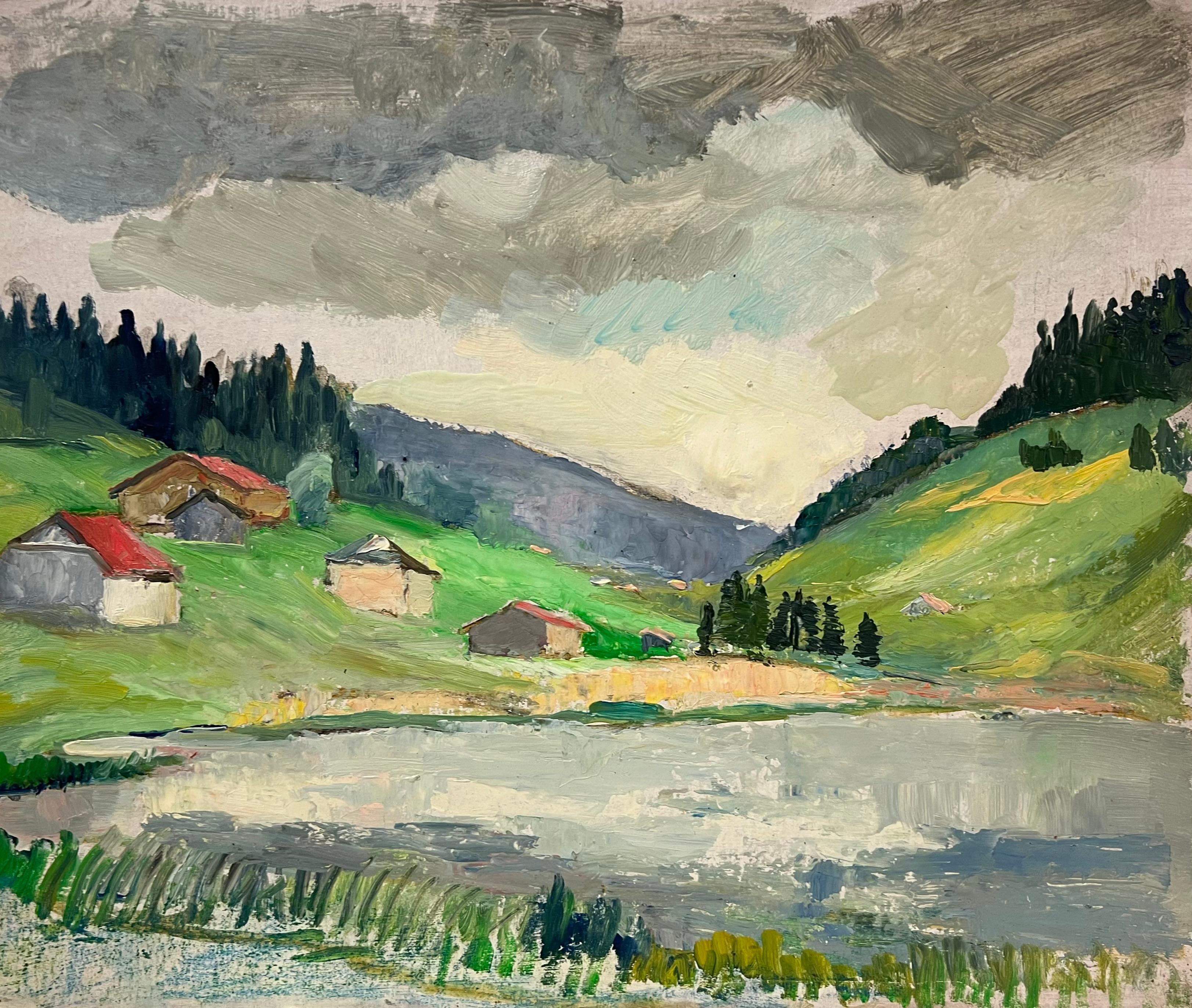 Landscape Painting di Regine David - Villaggio di montagna vicino a un lago riflettente sotto un cielo lunare Paesaggio