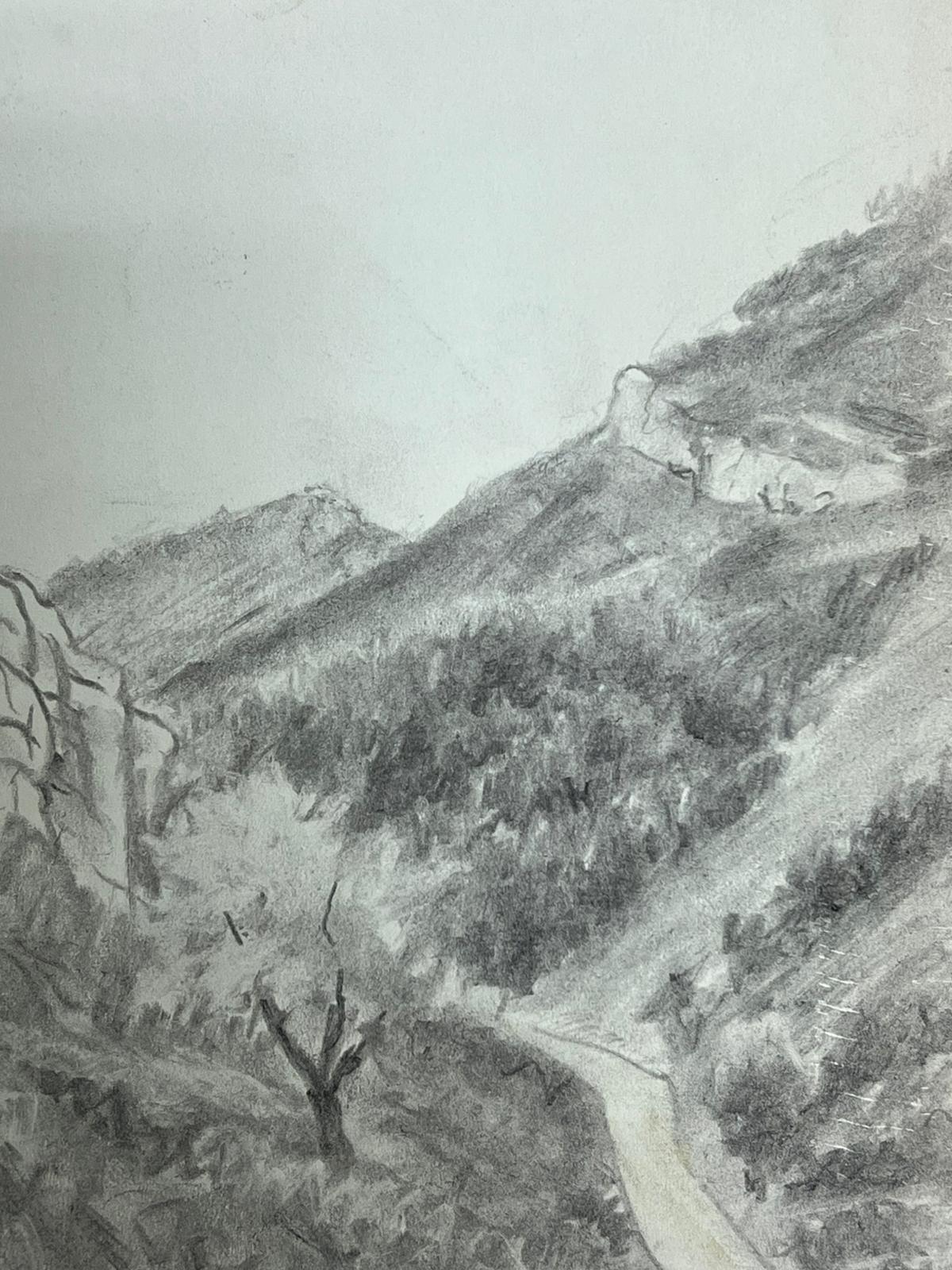 Paesaggio montano con sentiero tortuoso Disegno atmosferico in bianco e nero - Painting Postimpressionismo di Regine David