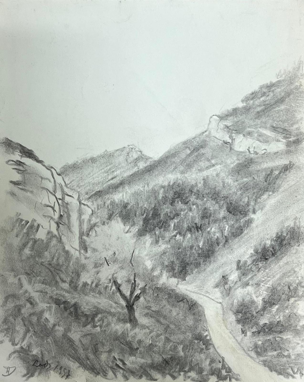 Landscape Painting di Regine David - Paesaggio montano con sentiero tortuoso Disegno atmosferico in bianco e nero
